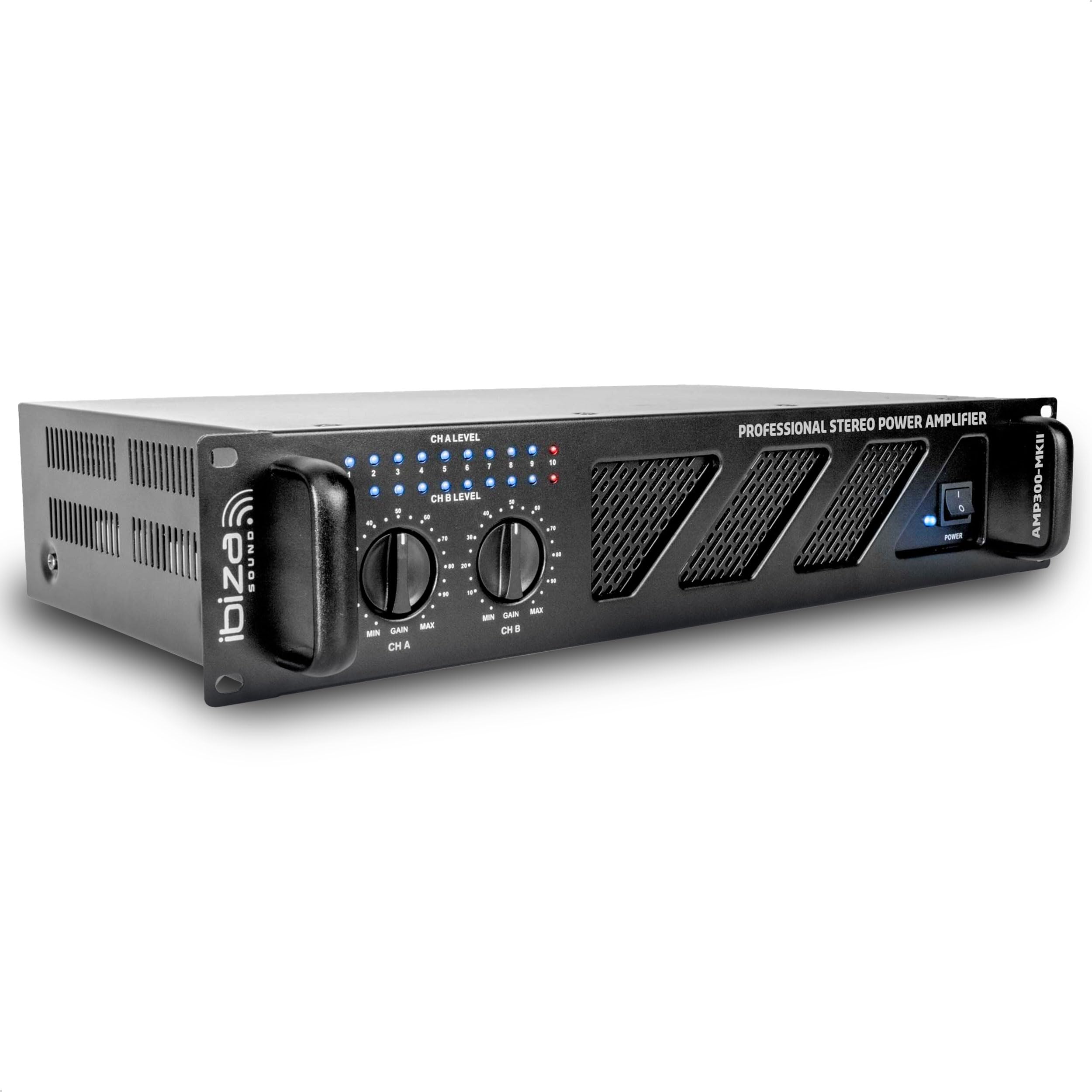 Ibiza AMP300-MKII Amplificador PA profesional 2x240 W – Amplificador de potencia estéreo montable en rack de 19” con entradas RCA/Jack, salidas Speakon/bloque de terminales y protección electrónica