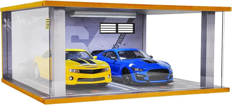 1/18 Scale Display Case Car Garage Moldel with LED Light and Acrylic Cover Wooden Diecast Car Show Case 2 Parking Spaces Grey