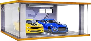 cxiiuui 1/18 Scale Hot Wheels Display Case Car Garage Moldel with LED Light and Acrylic Cover Wooden Diecast Car Show Case 2 Parking Spaces Grey