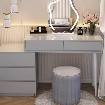 Vanity Desk with 3-Color Lighted Mirror, Dressing Table with 2 Drawers and Stool, Girls Vanity Set with Moveable Bedside Table, for BedroomGrayA,120cm/47.2in