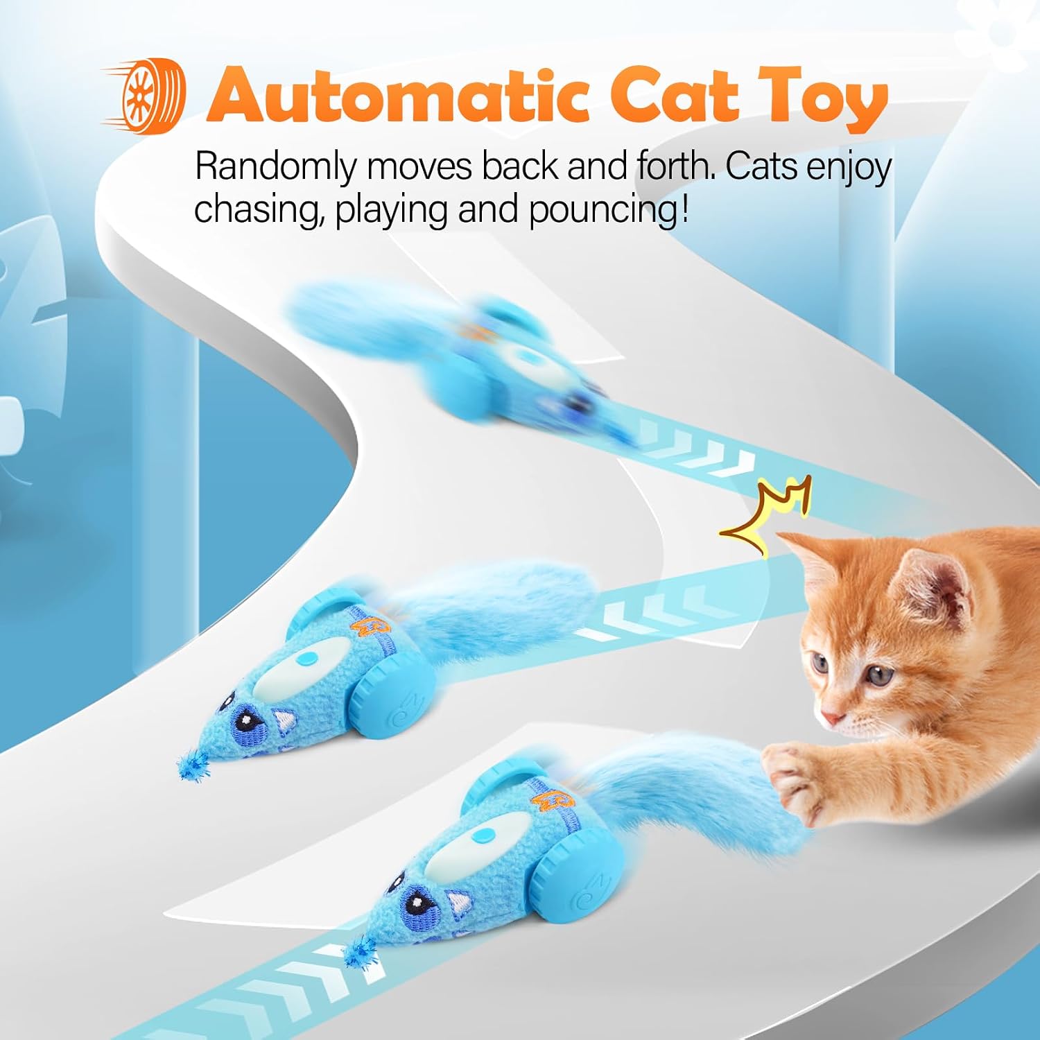 Migipaws Automatic Cat Toys for Indoor Cats, Plush Interactive Mouse Toy, Smart Moving Rechargeable Kitten Toy (Blue)