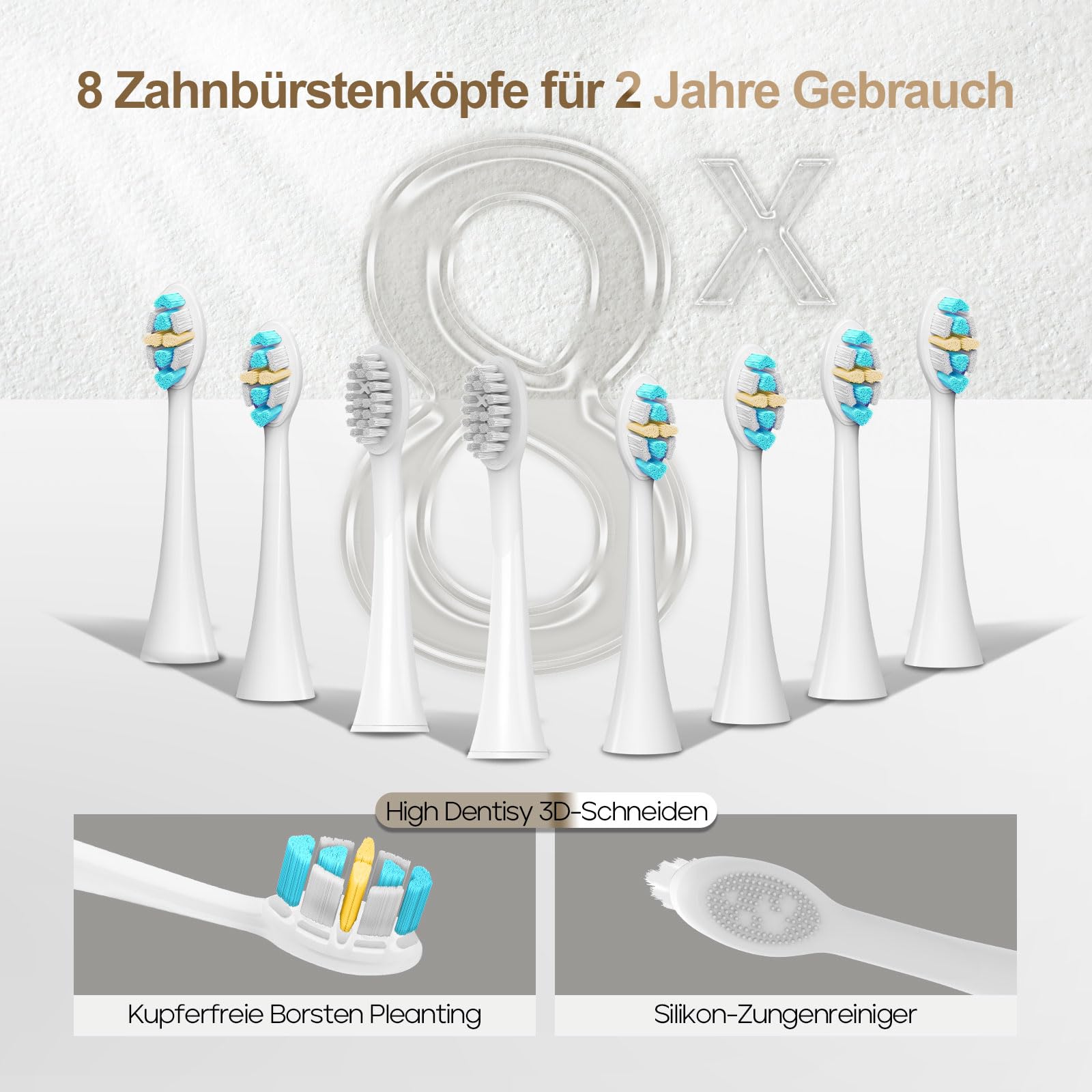 Seago Elektrische UltraschallZahnbürste, Drucksensorerinnerung und Bürstenköpfe Ersatzerinnerung, 8 Bürstenköpfe, 5 Modi und Nahtlose Taste, Schallzahnbürste für Erwachsene, SG2753 (Beige)