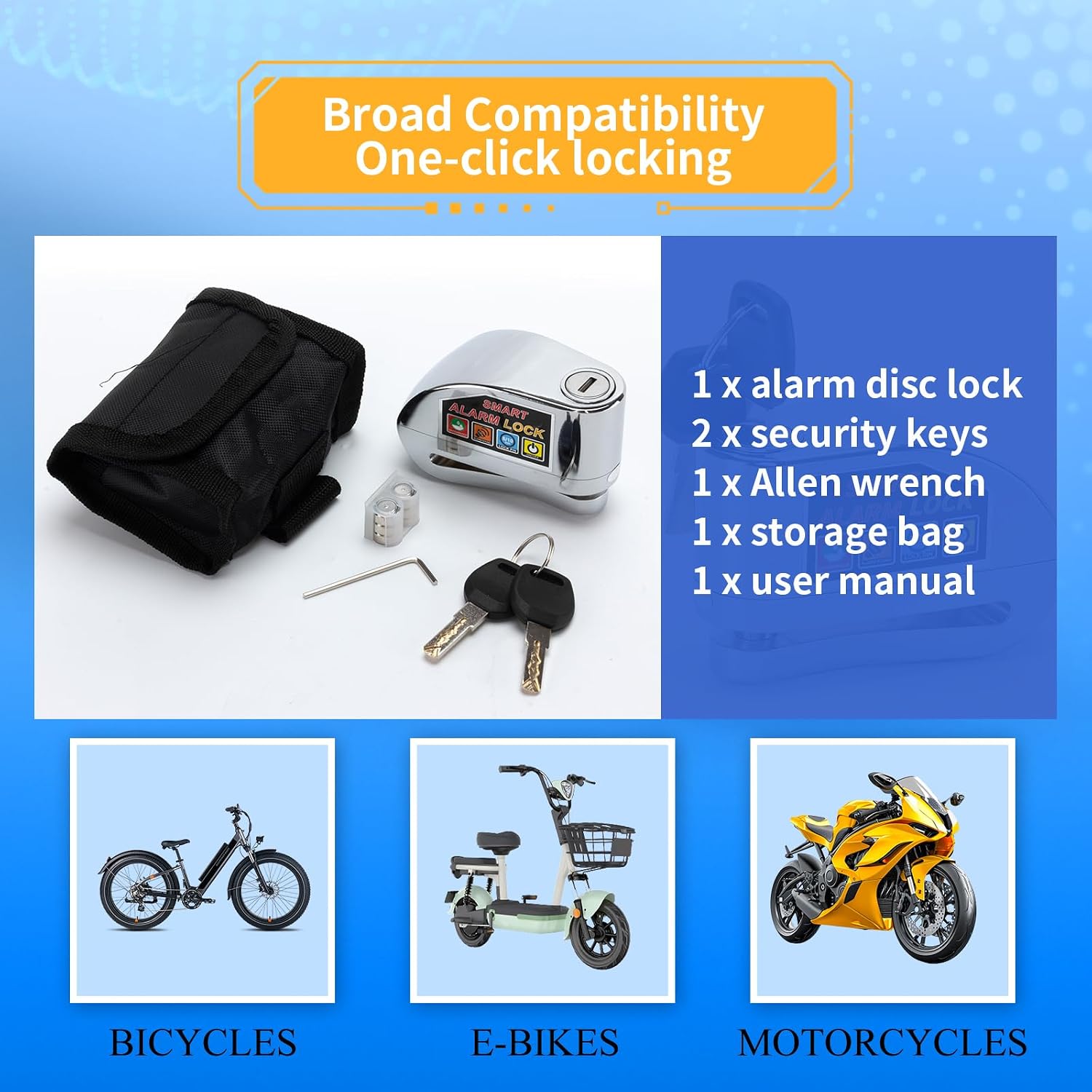 Anti-Theft and Alarm 110db Motorcycle Lock Fit for Motorcycle E-Bike Bicycle Scooter, 110db Alarm Disc Brake Lock, Waterproof Anti-Theft Aluminium Alloy Material with Two Keys (Silver)