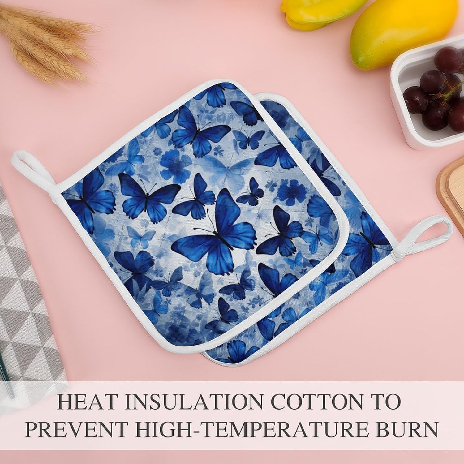 Blue Butterflies Polyester Heat Resistant Pot Pad Non Slip Anti Scald Hot Dish Mat Reusable Table Protector for Kitchen Hot Pot Mat Wear Resistant Heat Proof Table Pad for Countertop Dining Room