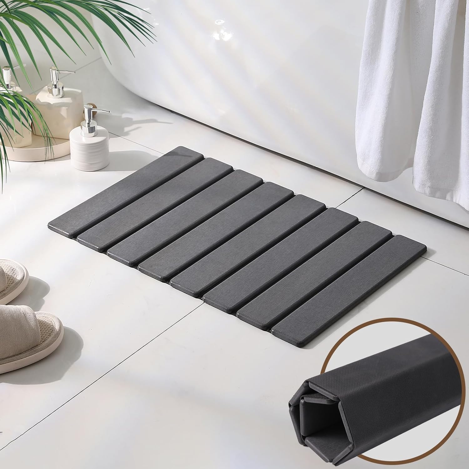 Large Foldable Stone Bath Mat, 23.6" x 15.5" Non-Slip Stone Shower Mat, Super Absorbent Diatomaceous Earth Mats, Quick Drying Bath Mats for Bathroom, Easy to Clean