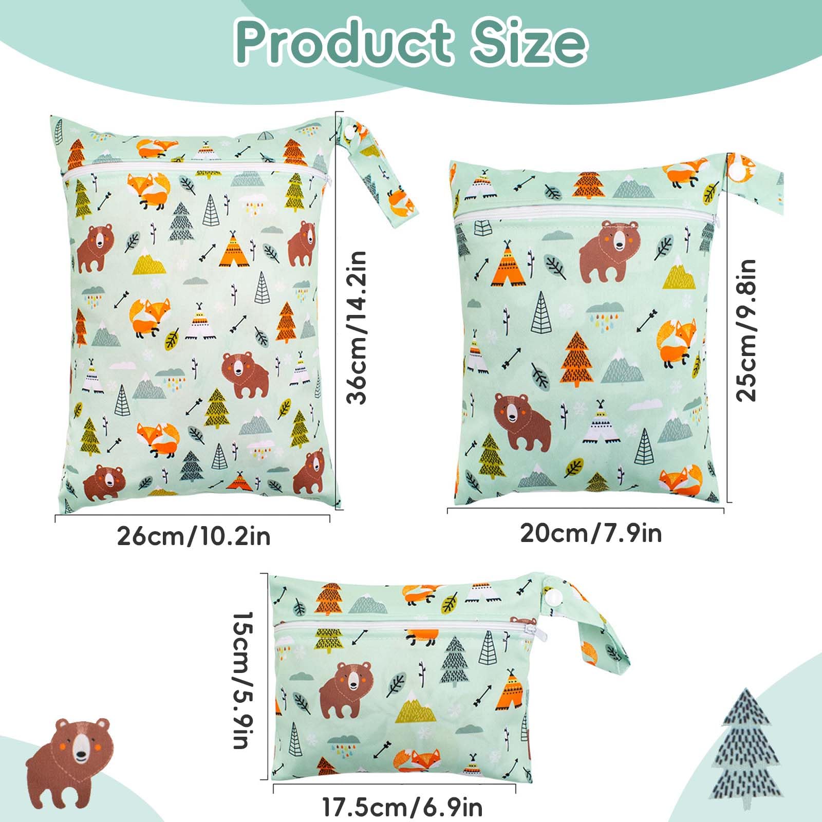 Wetbag Pannolini Riutilizzabili 3 Pezzi Borsa Stoffa Lavabile con Cerniera Verde