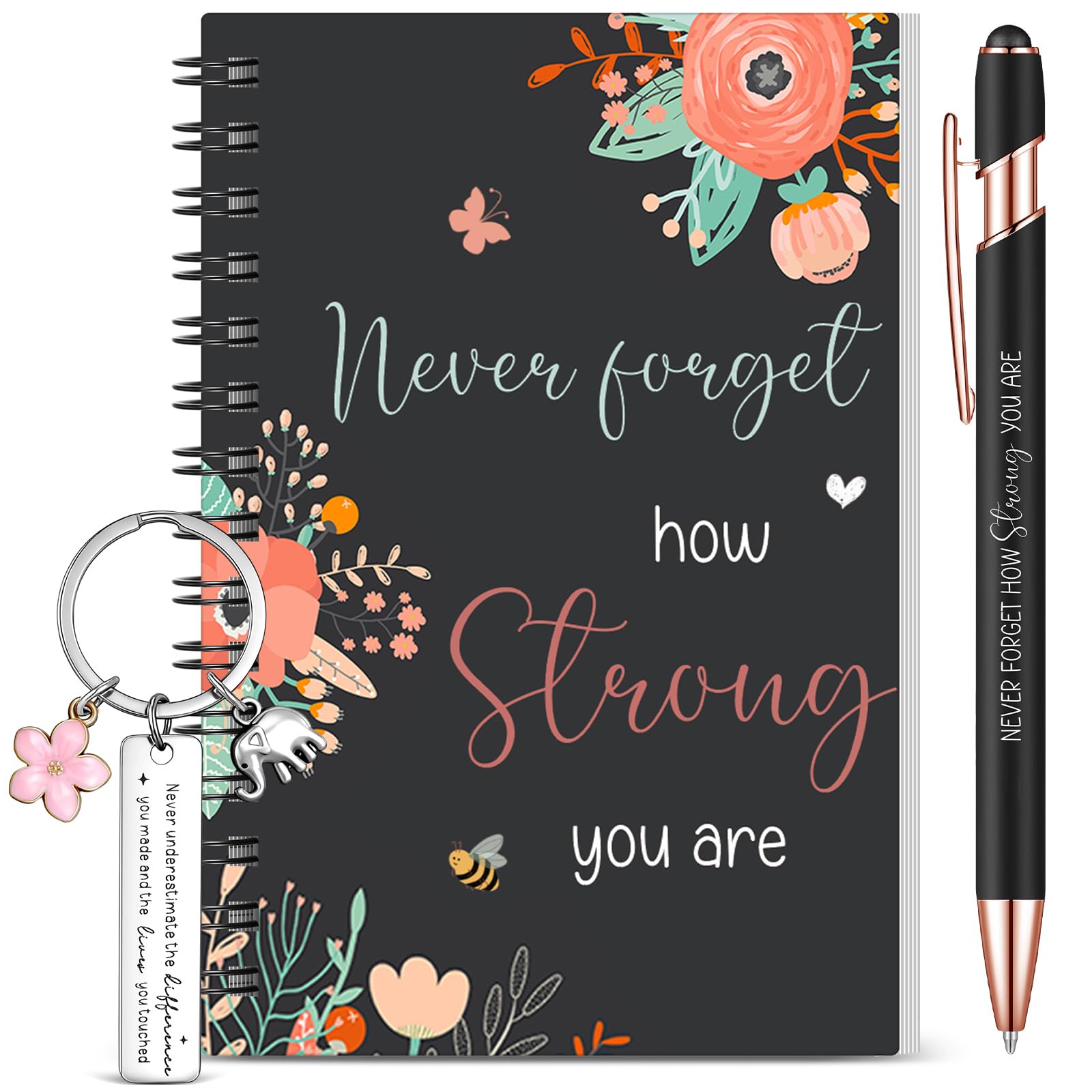 BBTO 3 Pcs Notebook and Pen Set for Women with Flower Keychain Inspirational Mini Notebook Gift for Graduation Birthday Teacher Mother Nurse