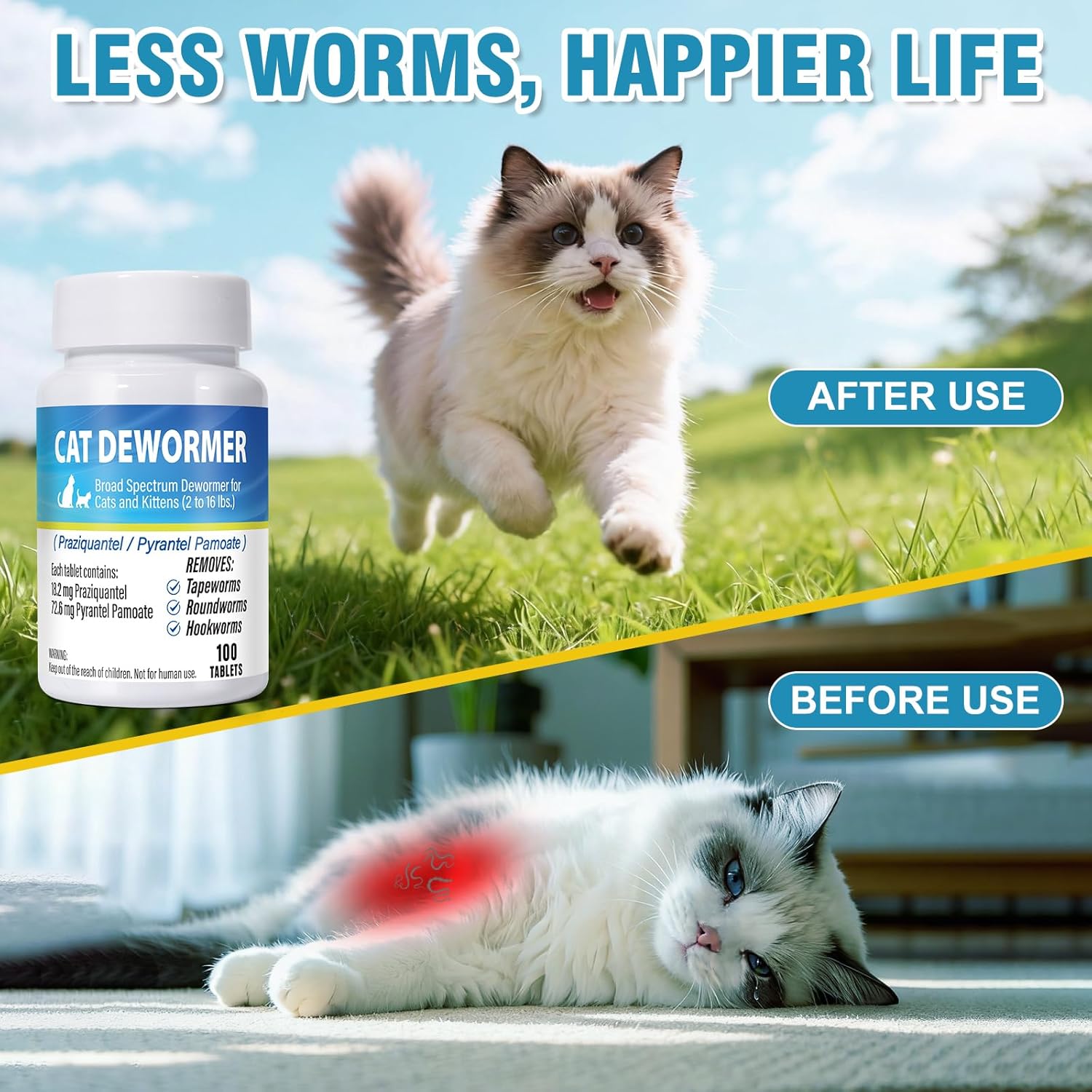 Broad Spectrum Dewormer for Cats & Kittens, Praziquantel & Pyrantel Pamoate Formula for Cats 6+ Weeks, Fast-Acting Treatment for Tapeworms, Roundworms & Hookworms, 100 Tablets