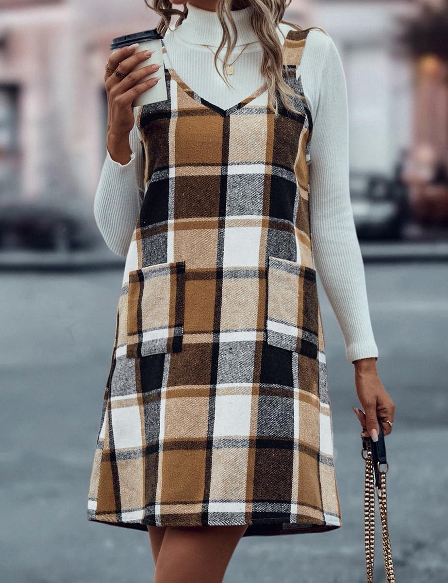 IDEALSANXUN Plaid Overall Dress for Women Fall Winter Sleeveless Plaid Dresses with Pockets - Image 4