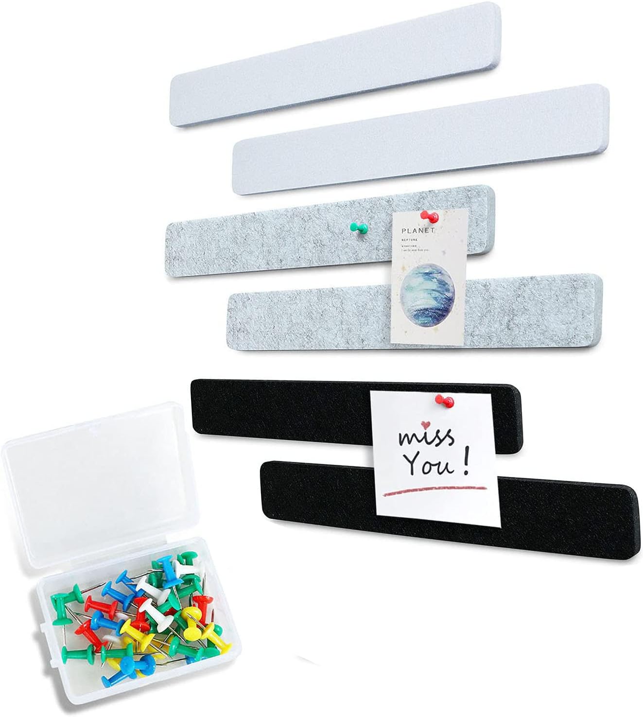 HBSTUDIO Felt Pin Board Bar 330mm x 50mm, Pack of 6 Bulletin Board Strips with 30 Push Pins, Home Office Memos Notice Boards Felt Wall Tiles