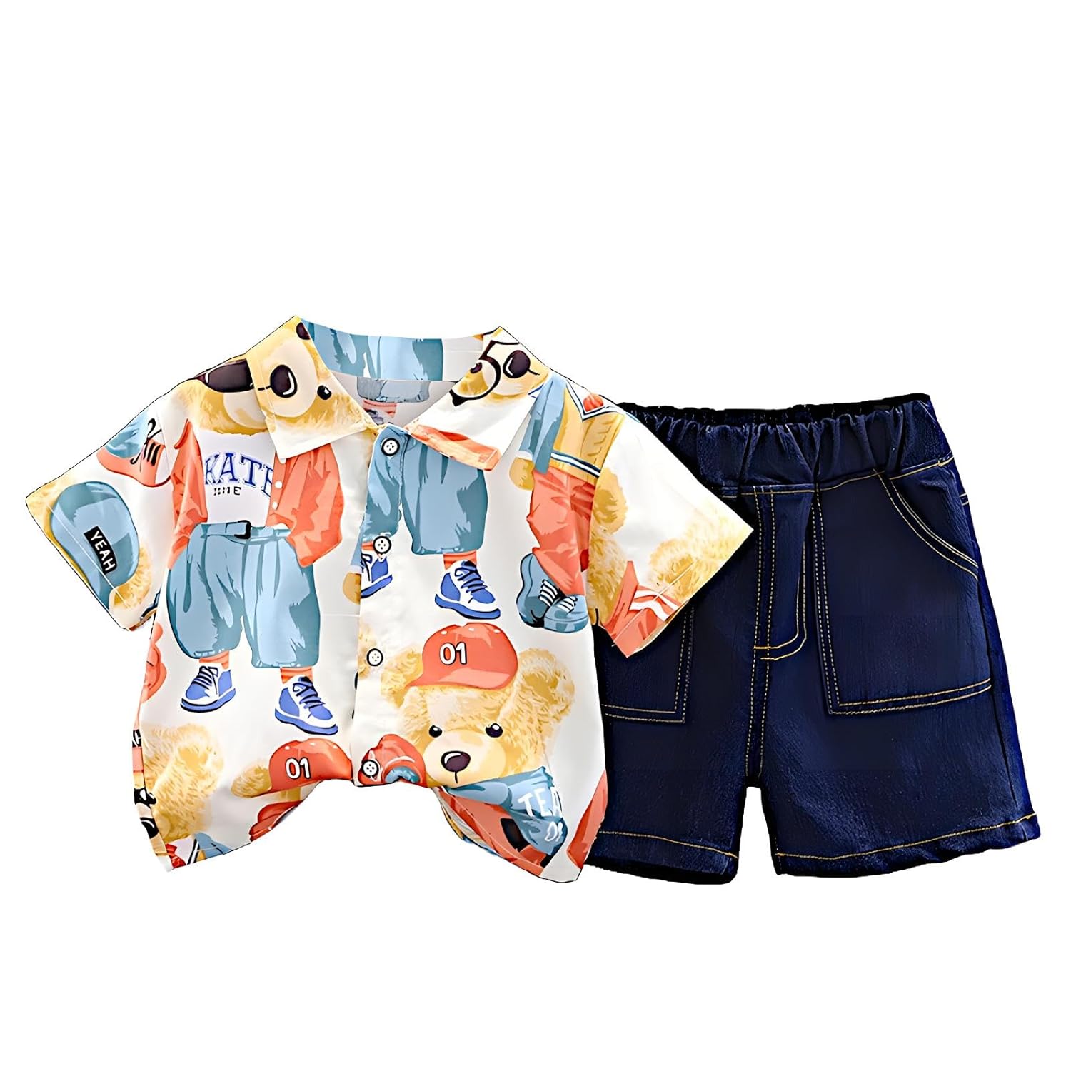 HONE BABY Cotton Big Teddy Bear Design Shirt and Denim shorts Clothing Set for Boys & Girls Unisex – Offwhite color offers donot miss