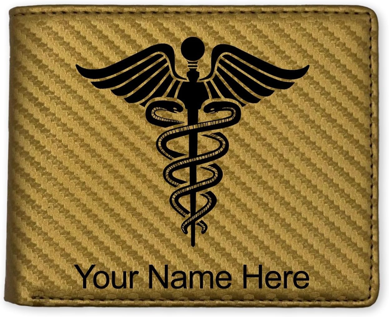 LaserGram Faux Leather Bi-Fold Wallet, Caduceus Medical Symbol, Personalized Engraving Included (Carbon Fiber Red)
