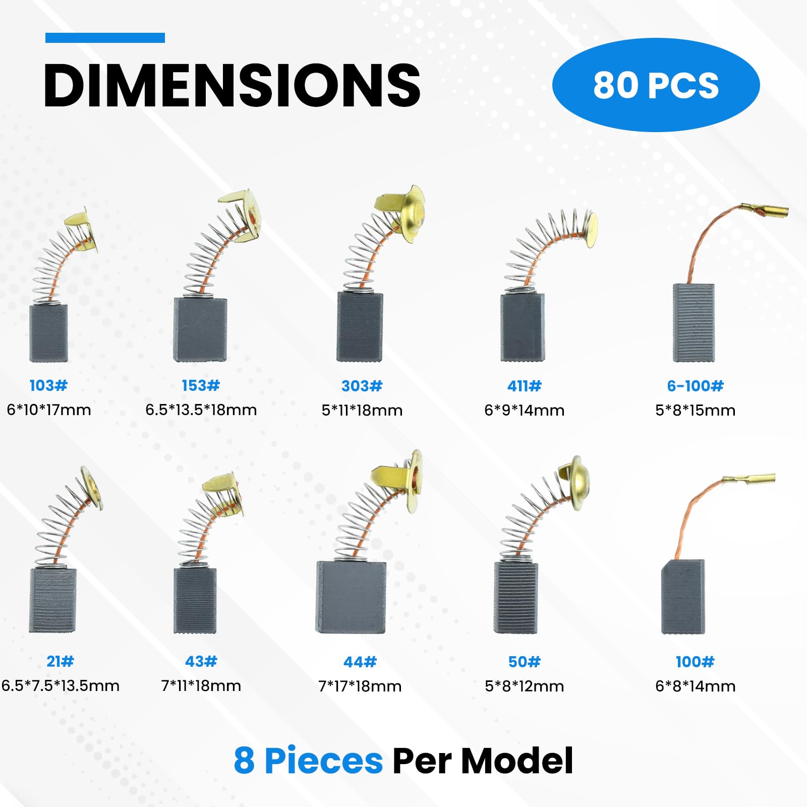Juego de 80 cepillos de carbón para motor eléctrico, 10 modelos diferentes, cepillos de carbono de repuesto para mantenimiento de motores de escobillas de carbón