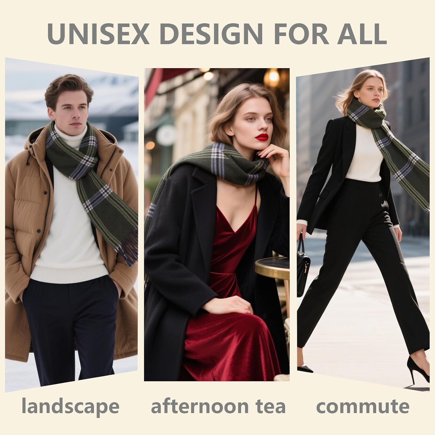100% Wool Plaid Scarf for Men and Women, Winter Warm Long Scarves for Cold Weather
