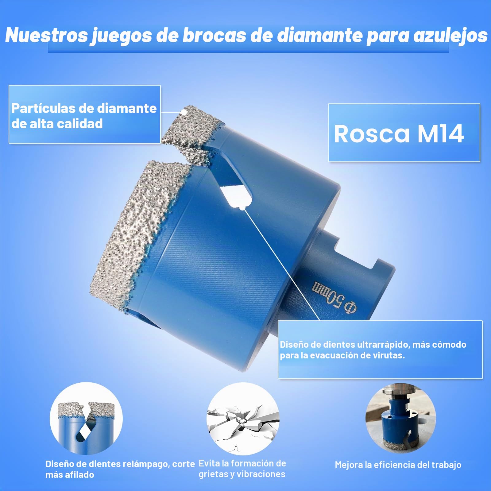 DWIKE Juego de 12 brocas de diamante para azulejos de 6/8/10/12/20/35/50/68 mm M14 con disco de corte de 125 mm con broca de bisel de 50 mm, un adaptador para amoladora angular, sierra perforadora,