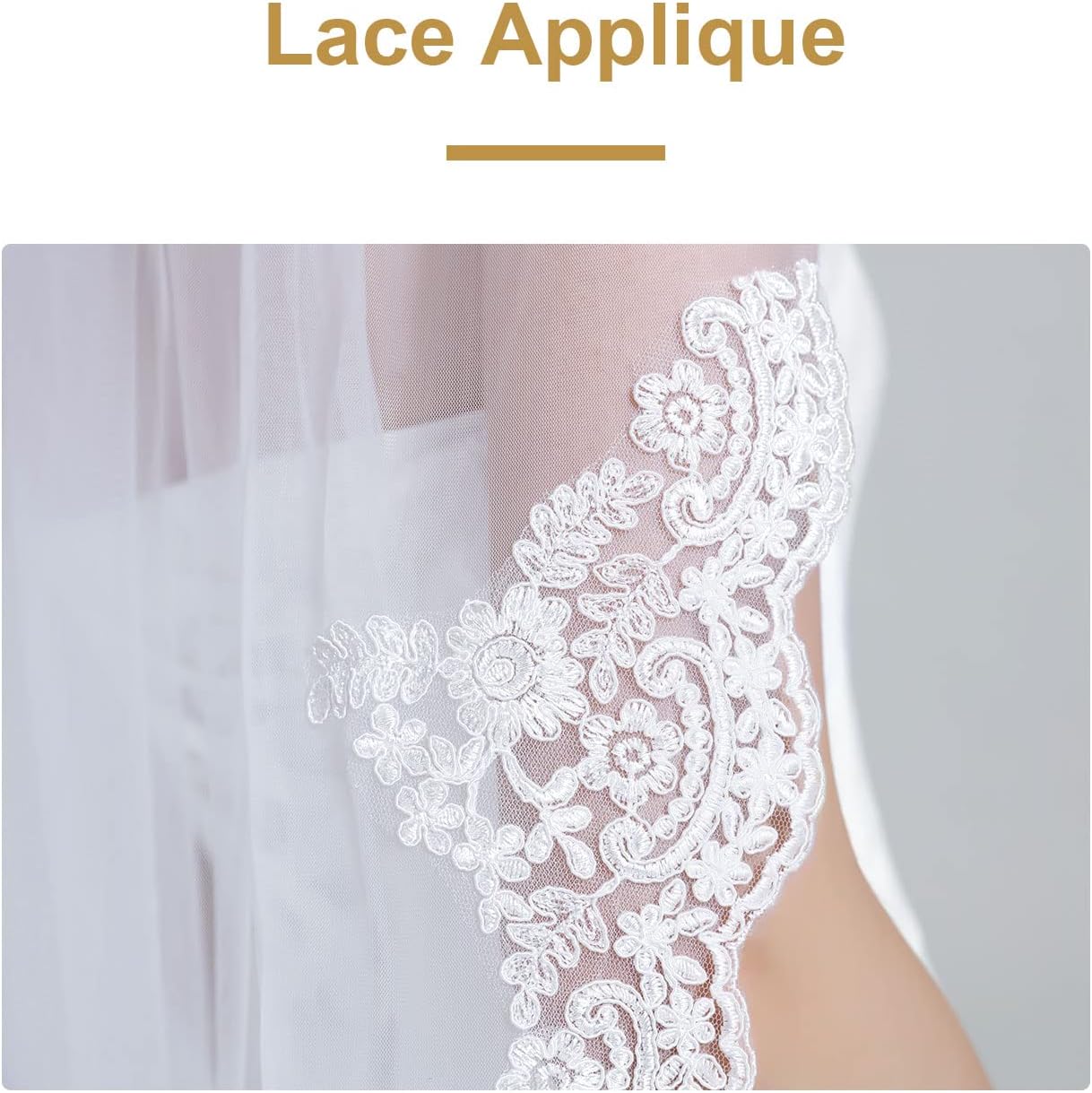 Wedding Bridal Veil with Comb 1 Tier Lace Applique Edge Ivory Fingertip Length