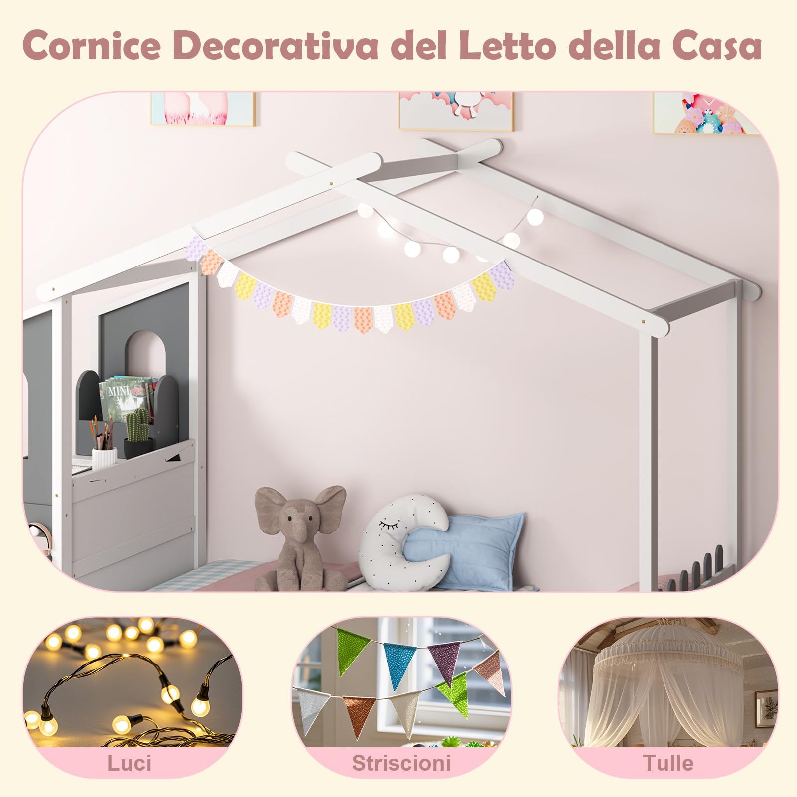 COSTWAY Letto Matrimoniale/Singolo con Scrivania, Letto Piattaforma in Legno con Testiera a Staccionata Ganci e Cassetti, 200x140/200x90 cm, Carico 320/150kg (200x90 cm)