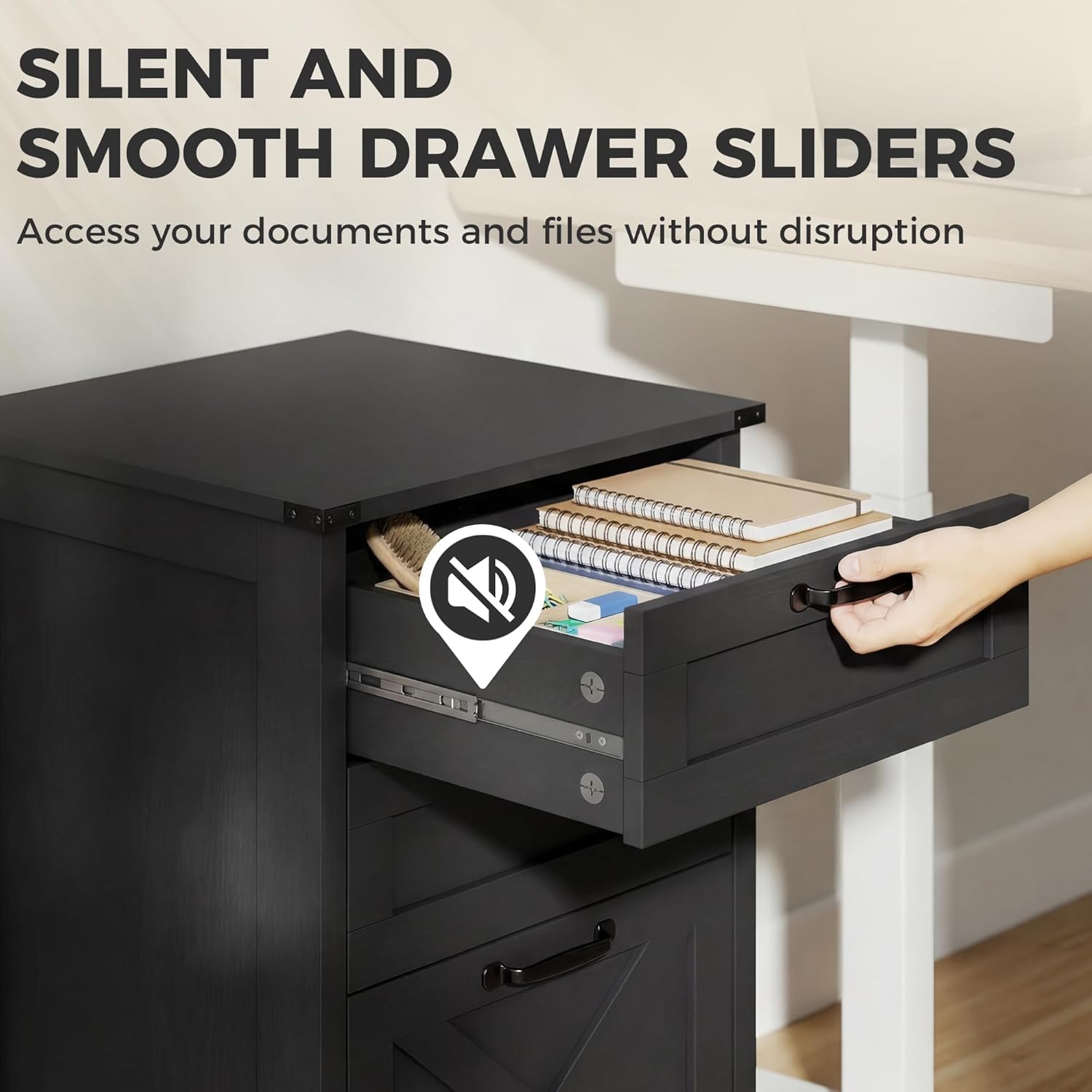 HOMCOM 3 Drawer File Cabinet with Silent Slides, Vertical Filing Cabinet for Hanging A4/Letter Size, Rustic Farmhouse Printer Stand with Storage for Home Office, Distressed Black