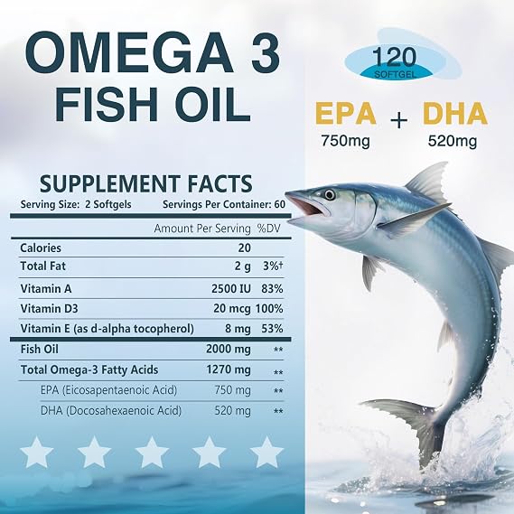 NATURE TARGET Omega 3 Fish Oil 2000mg with Vitamin D3, A, E, 120 Softgels | EPA and DHA with Vitamins D3, E, and A, Max Absorption, Supports Heart, Brain, and Immune Health, Non-GMO Formula