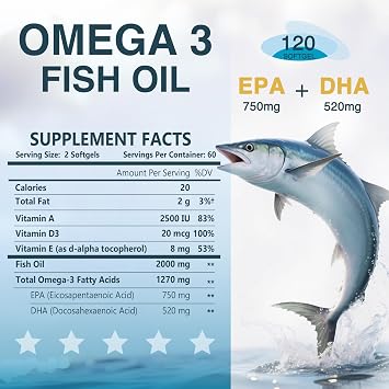 NATURE TARGET Omega 3 Fish Oil 2000mg with Vitamin D3, A, E, 120 Softgels | EPA and DHA with Vitamins D3, E, and A, Max Absorption, Supports Heart, Brain, and Immune Health, Non-GMO Formula