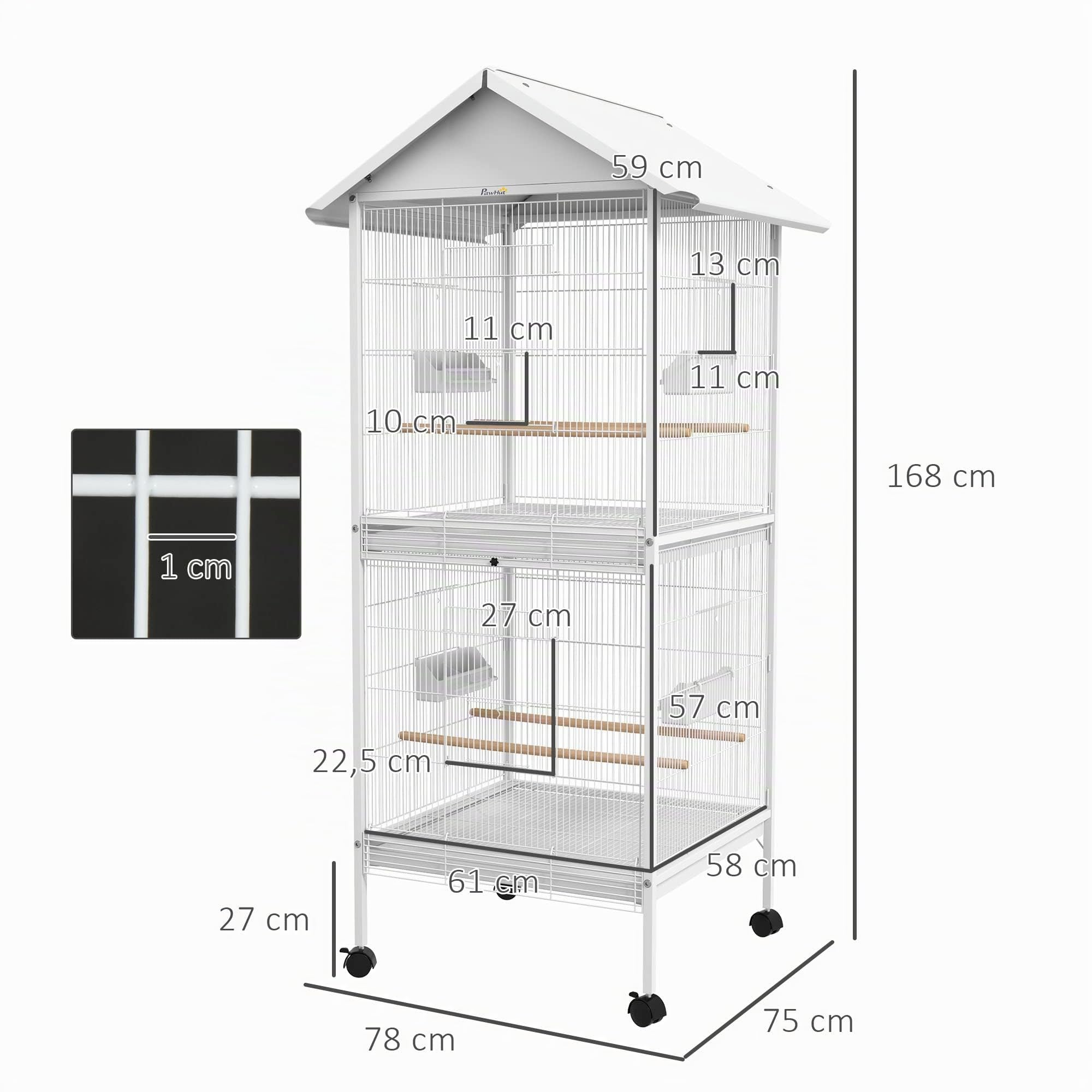 PawHut Volière Cage à Oiseaux sur roulettes Design Maison mangeoires perchoirs Portes Plateaux excréments Amovibles métal Blanc