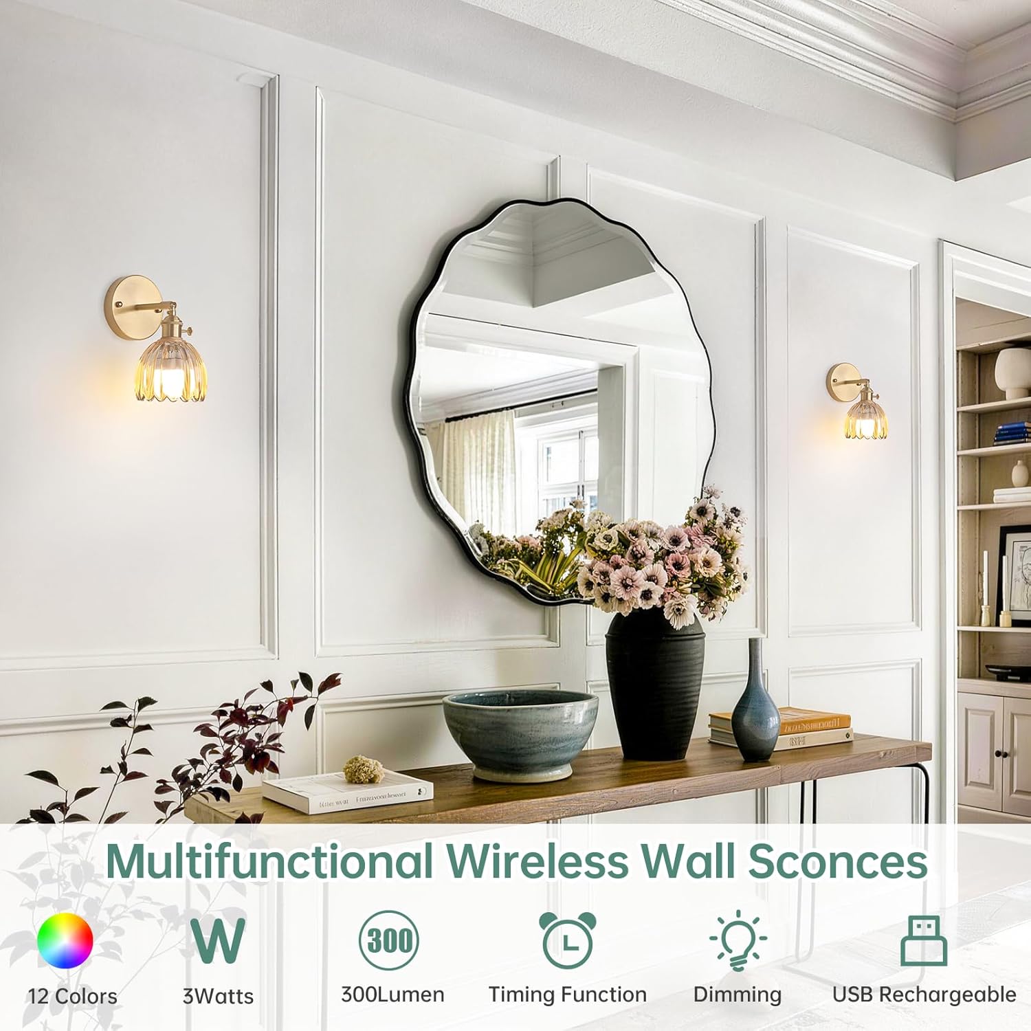 Vintage Battery Operated Wall Sconce with Amber Tulip Glass Lampshade Rechargeable Battery Powered Wall Light with Remote Control for Bedside Bedroom Doorway, Set of 2 Light Amber 2Pack-Battery Operated