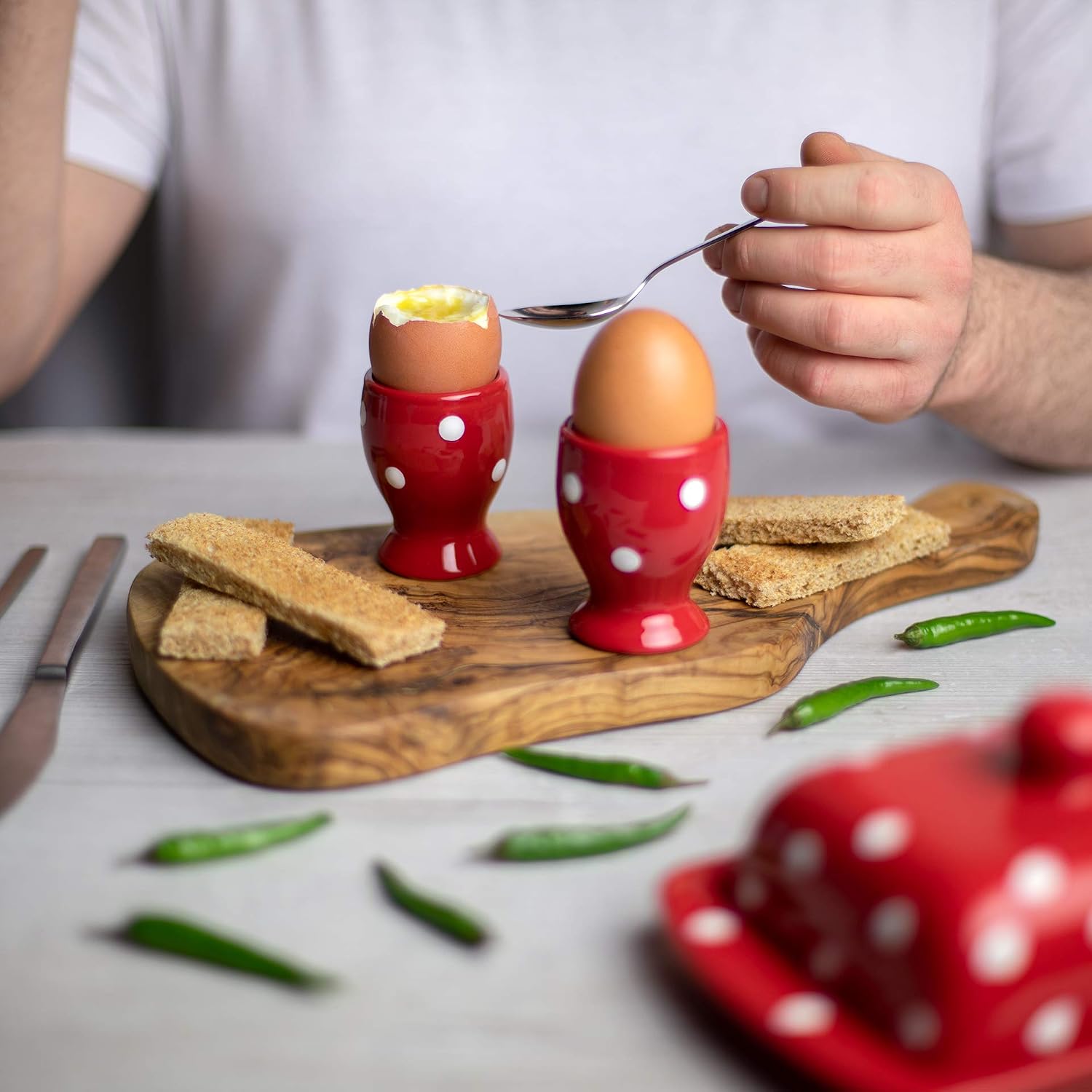 City to Cottage Ceramic Egg Cup Holder Set of 2, Soft Boiled Egg Cups, Hard Boiled Eggs Stand Holders, Breakfast Cooking Kitchen Egg Serving Cup, Handcrafted Egg Cup (Red Polka Dot)
