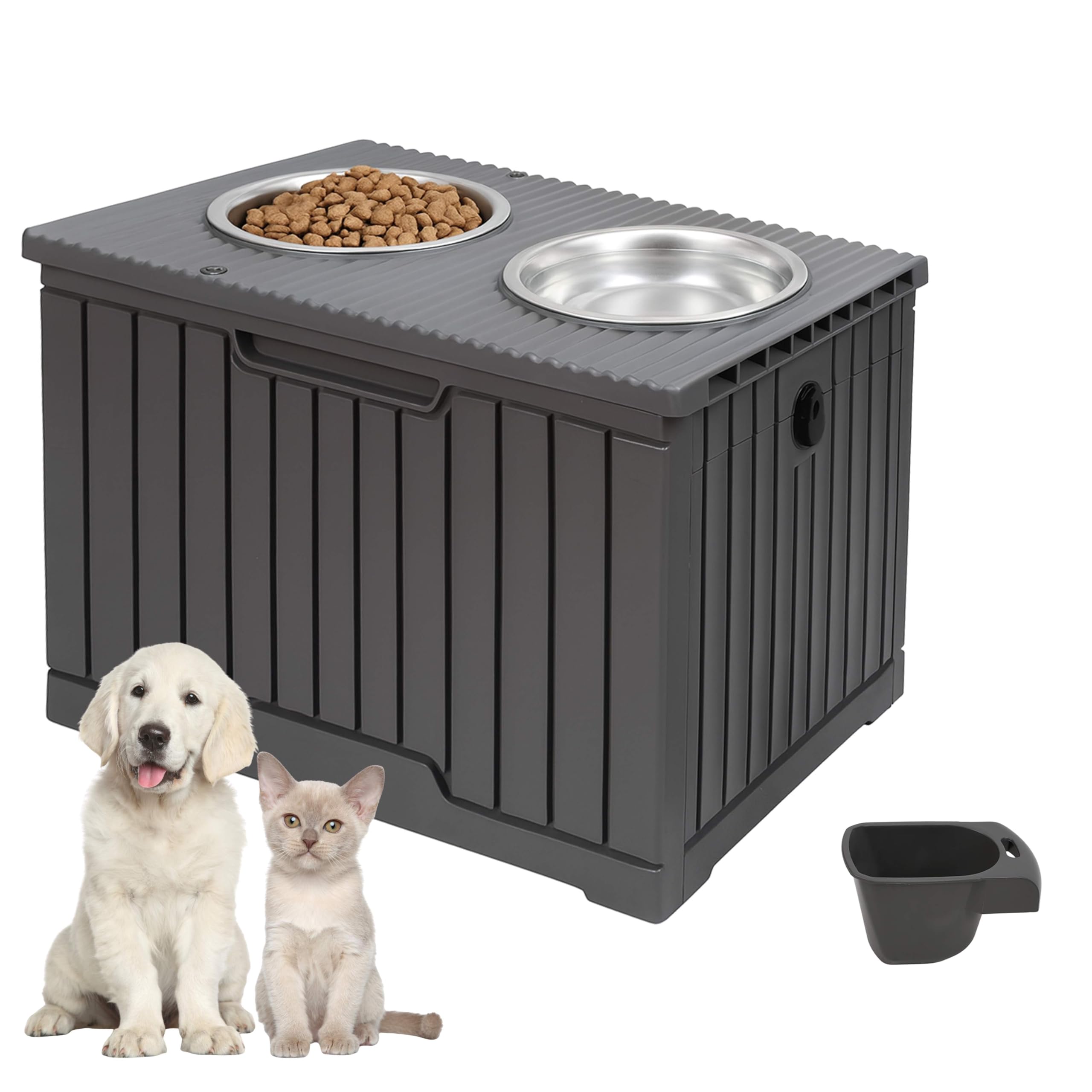 DIVCHI 2 In 1 Raised Dog Bowls Pet Food Storage Container with Double Stainless Steel Bowls & Scoop Feeding Station for Dogs & Cats