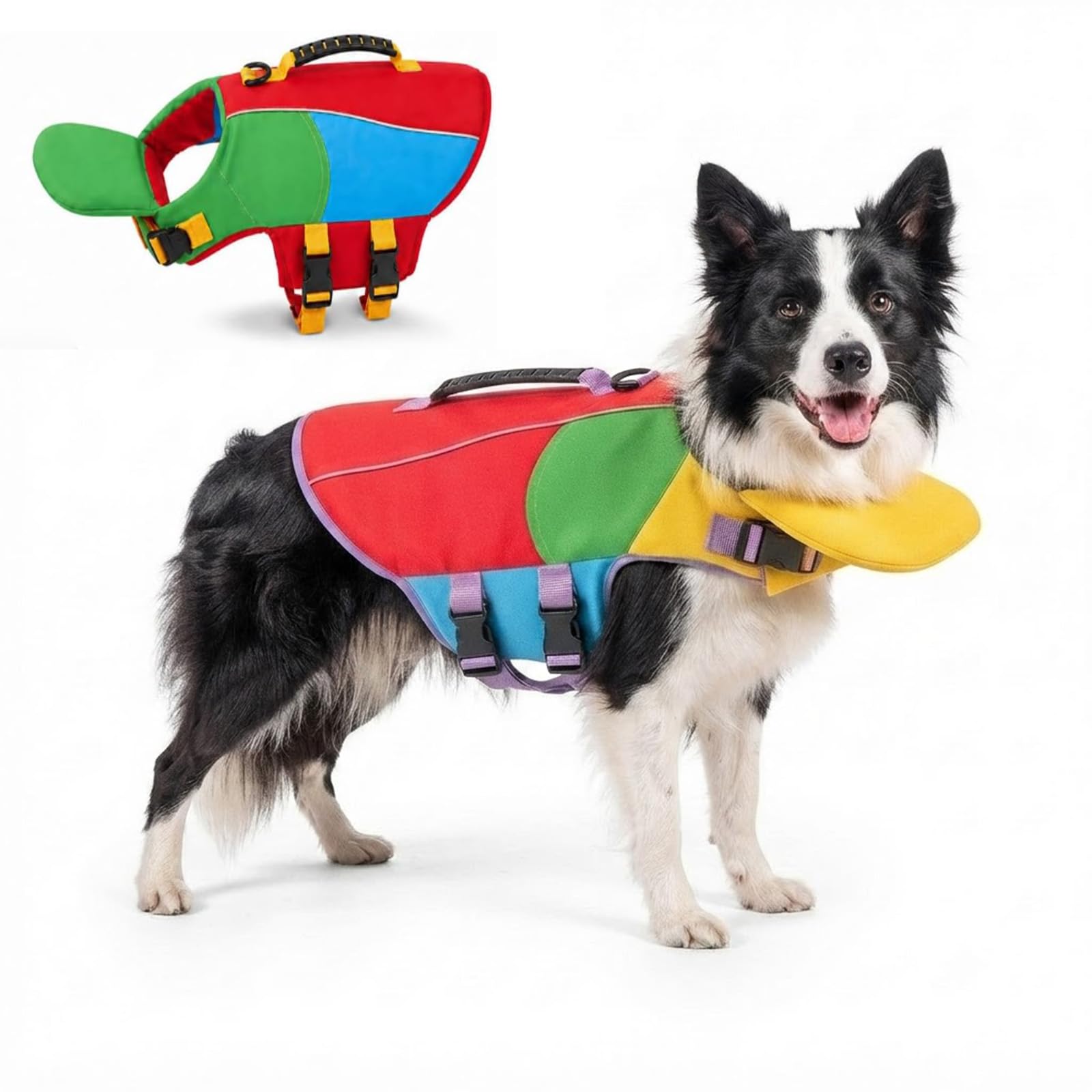 Dog Life Jacket with Chin Float, Adjustable Dog Life Vest with Rescue Handle (Red,S)