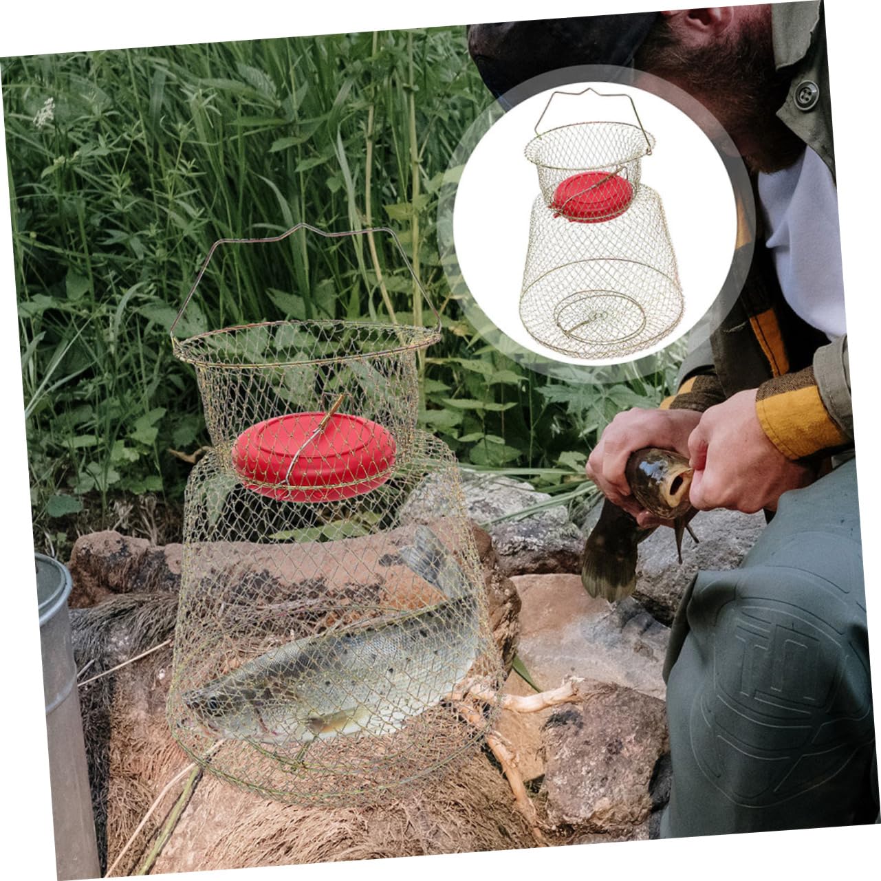VANZACK Bourriche de Pêche Pliable en Fer, Panier Rond Polyvalent pour Poissons et Crabes, Portable et Peu Encombrant Pêche