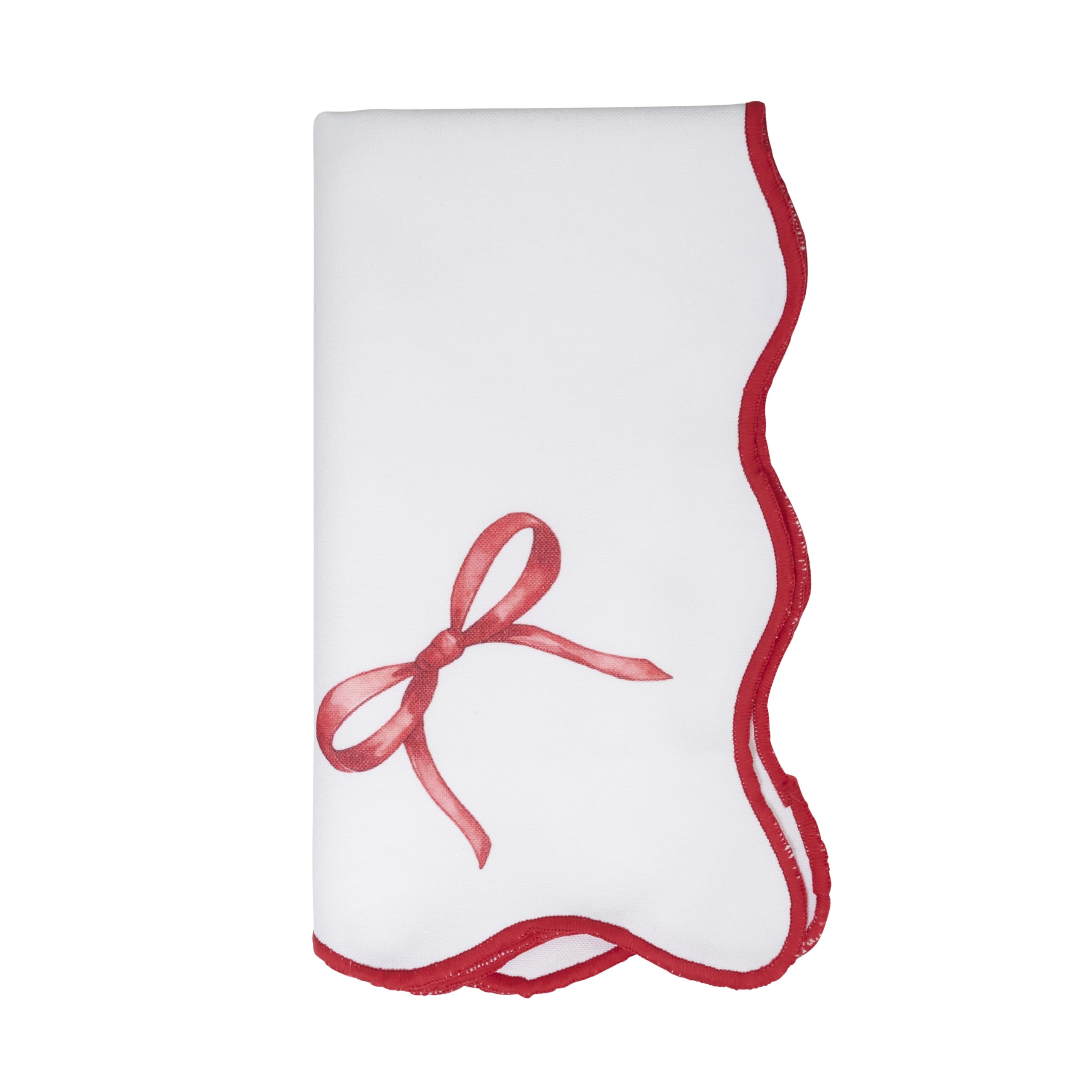SARO LIFESTYLE Holiday Ribbon Embroidered Dinner Napkins (Set of 4) - Festive Scalloped Cloth Napkins for Christmas Table Setting, Holiday Dining, Entertaining, and Seasonal Décor, 20"x20", Red/White