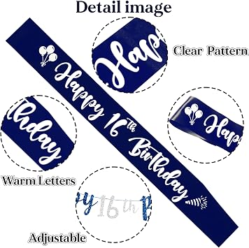 16th Birthday Decorations Boy - Blue and Silver Happy Birthday Banner Balloons Cake Topper Number 16 Foil Balloon, Sash Bunting Party Supplies for 16 Years Old Theme Decor
