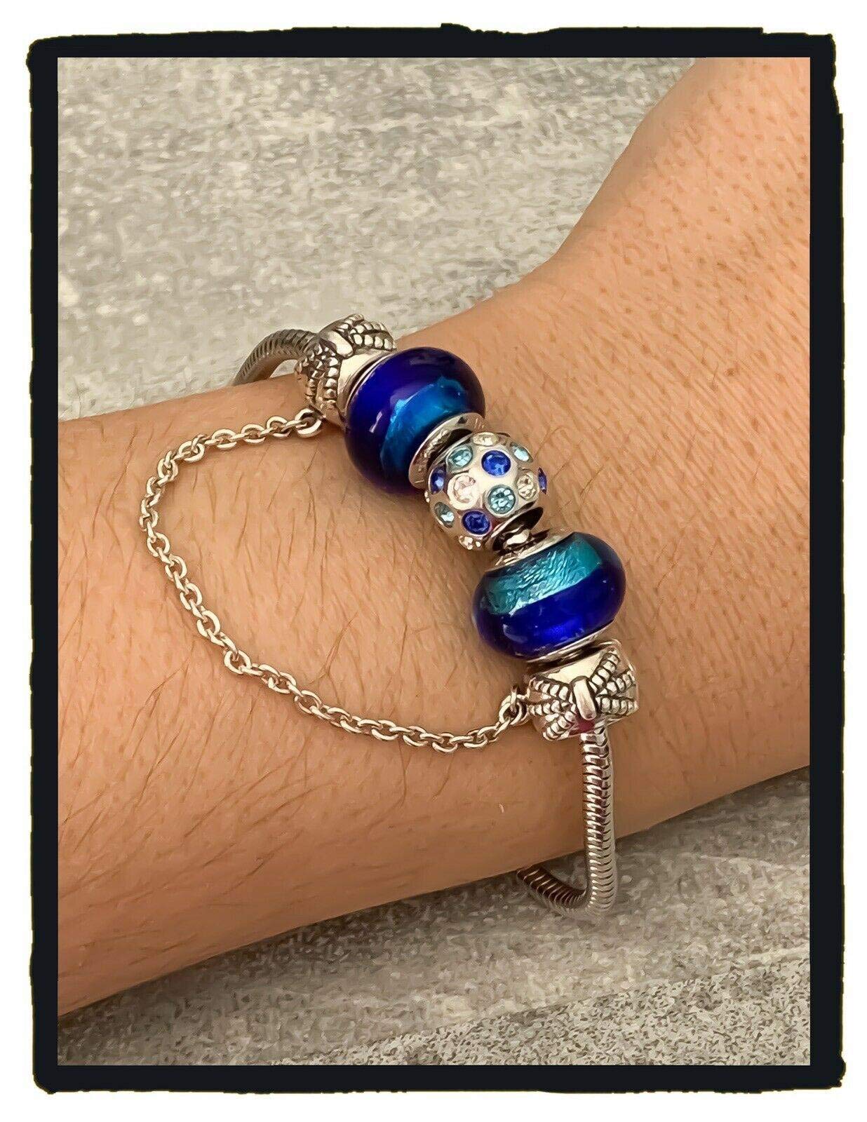 Bracciale Charms Colore Blu in Vetro di Murano Autentico & Argento 925 Rodiato, 18 cm, Argento sterling Vetro Argento