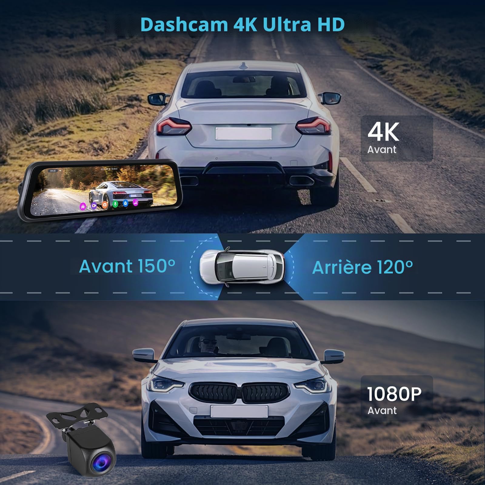 Inefala Dash Cam Rétroviseur 9,66 Écran Tactile 4K WiFi&APP GPS Carte 64 Go