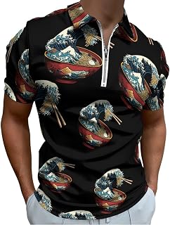 Japanese Kanagawa Wave Ramen Polo Shirts for Men Zip Up Short Sleeve Golf Shirt Casual Collared T Shirt