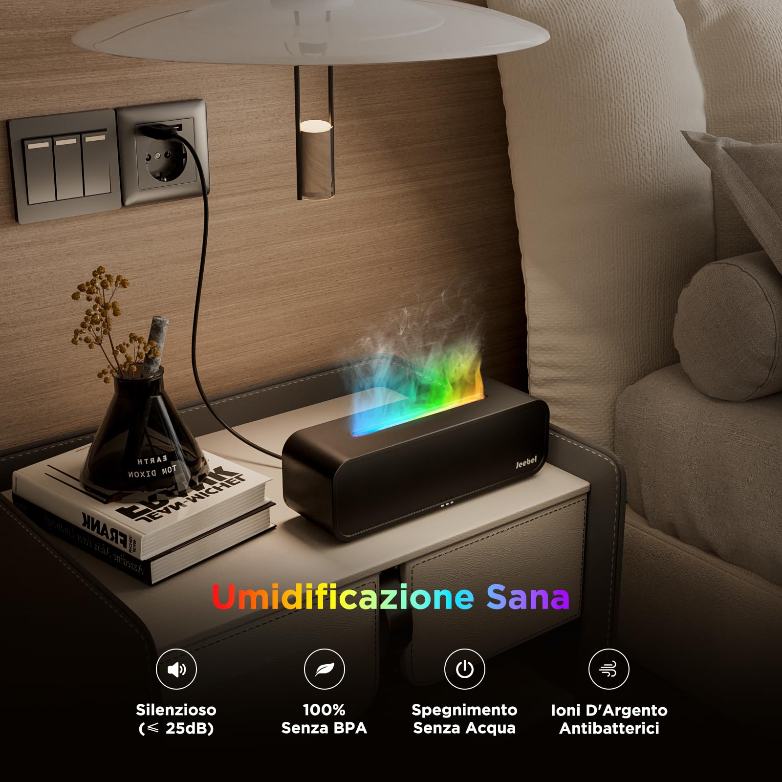 Jeebel Diffusore Aromi per Oli Essenziali, Diffusore con Rilevamento Ritmo/Variazione Fiamma RGB/Telecomando/7 modalità/Timer, 250ml Mini Umidificatore Portatile per Aromaterapia Camera Letto/Ufficio