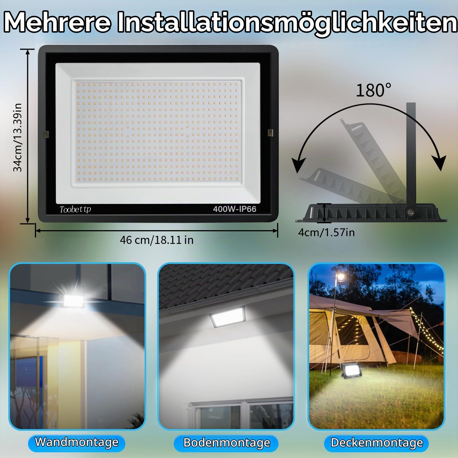 400W LED Strahler Außen, Superhell 40000LM 6000K Fluter für Garage | Kaltweiß Flutlicht mit 480 LED-Chips, 120°Winkel, IP66 180°Halterung,50000h Lebensdauer,Außenstrahler Für Garten Parkp