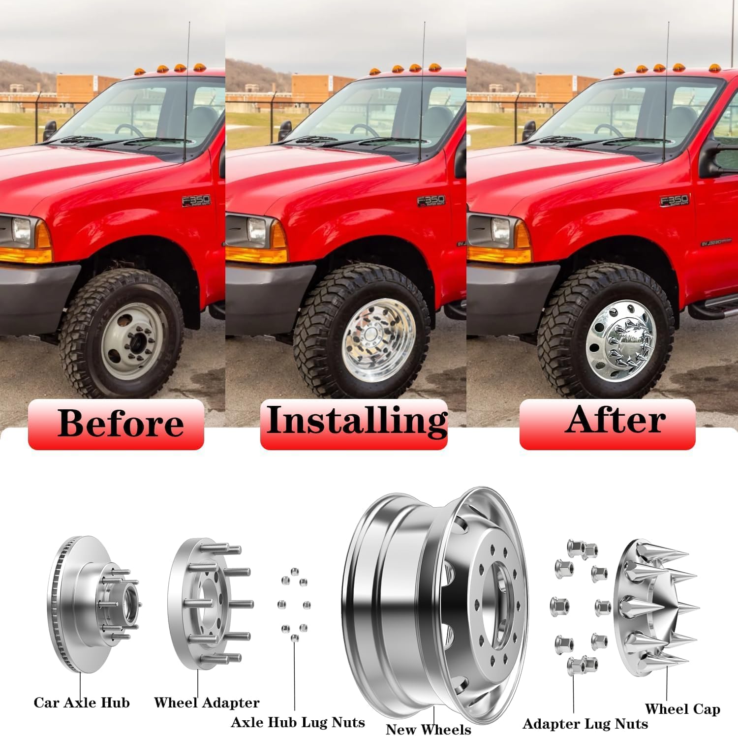 4pcs Front Rear Aluminum Wheel Spacer Adapter 8 to 10 Lug Semi Truck Hub Centric Wheel Adapters Fit For Ford F-350 2005-2023 Dually Bolt Pattern 8x200mm to 10x285.75mm