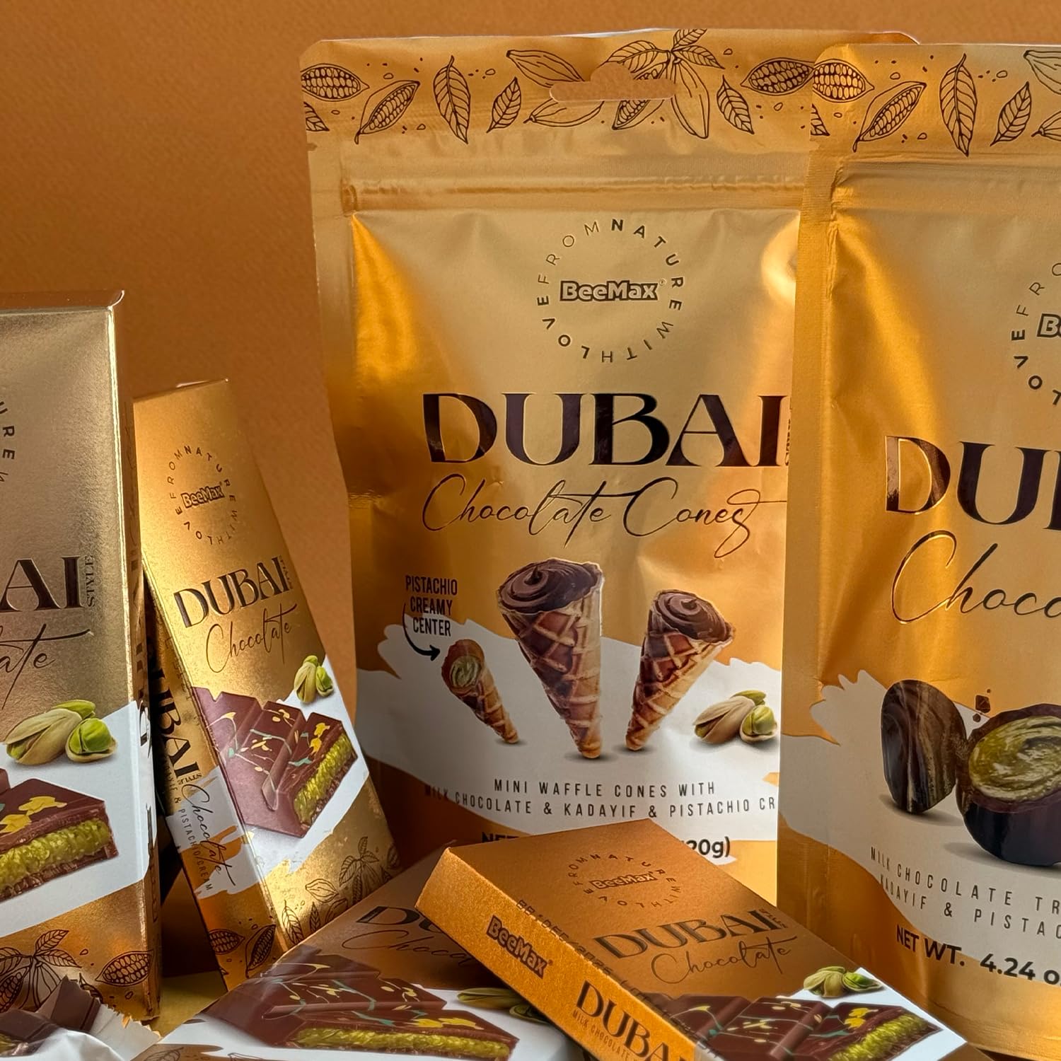 BEEMAX Dubai Style Chocolate Cones, Mini Waffle Filled with Milk, Pistachio Cream & Crunchy Kadaifi, Gourmet Middle Eastern for Gifting & Indulging, 4.24 oz Resealable Pouch, 2-Pack