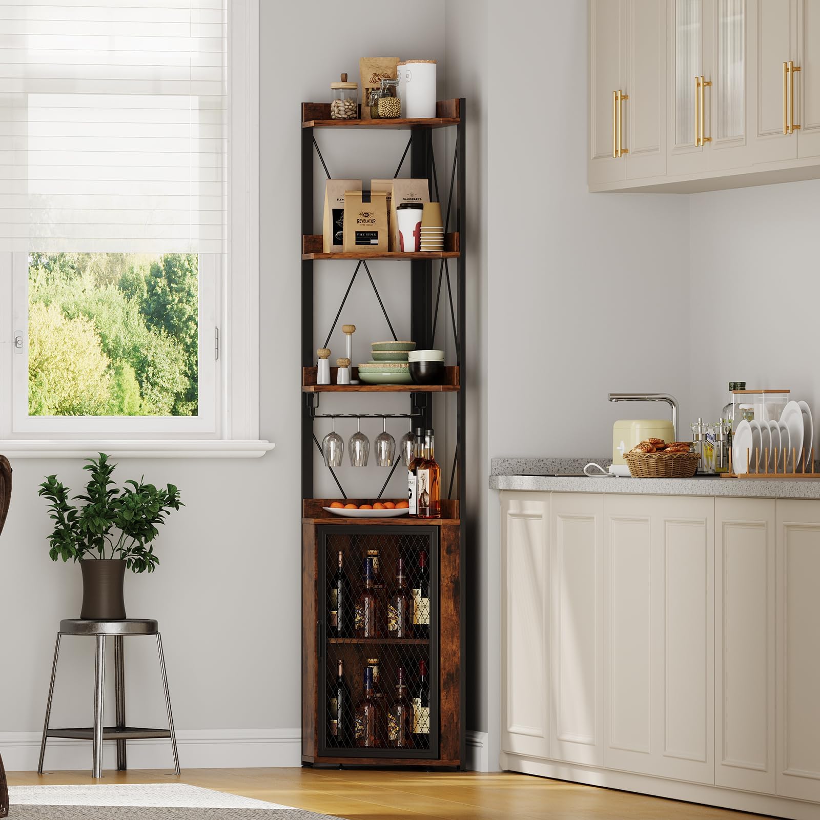 Garvee Eckregal Stehend Holz 178 cm, 5 Ebenen Eckschrank Schmal mit Weinflaschenhalter & Weinglasständer, Standregal mit X-förmigem Schutznetz, Weinschrank Barschrank für Wohnzimmer Küche, Braun