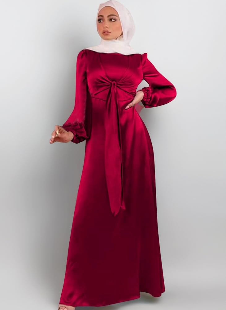 Muslim Dresses Women's Prayer Dress for Abaya Muslim Women's Dress Jilbab  Kaftan Full Length Hijab Dress Length Robe Muslim Long Sleeve Self-Tie  Flowing Long Dress, Wine Red, M : Amazon.co.uk: Fashion