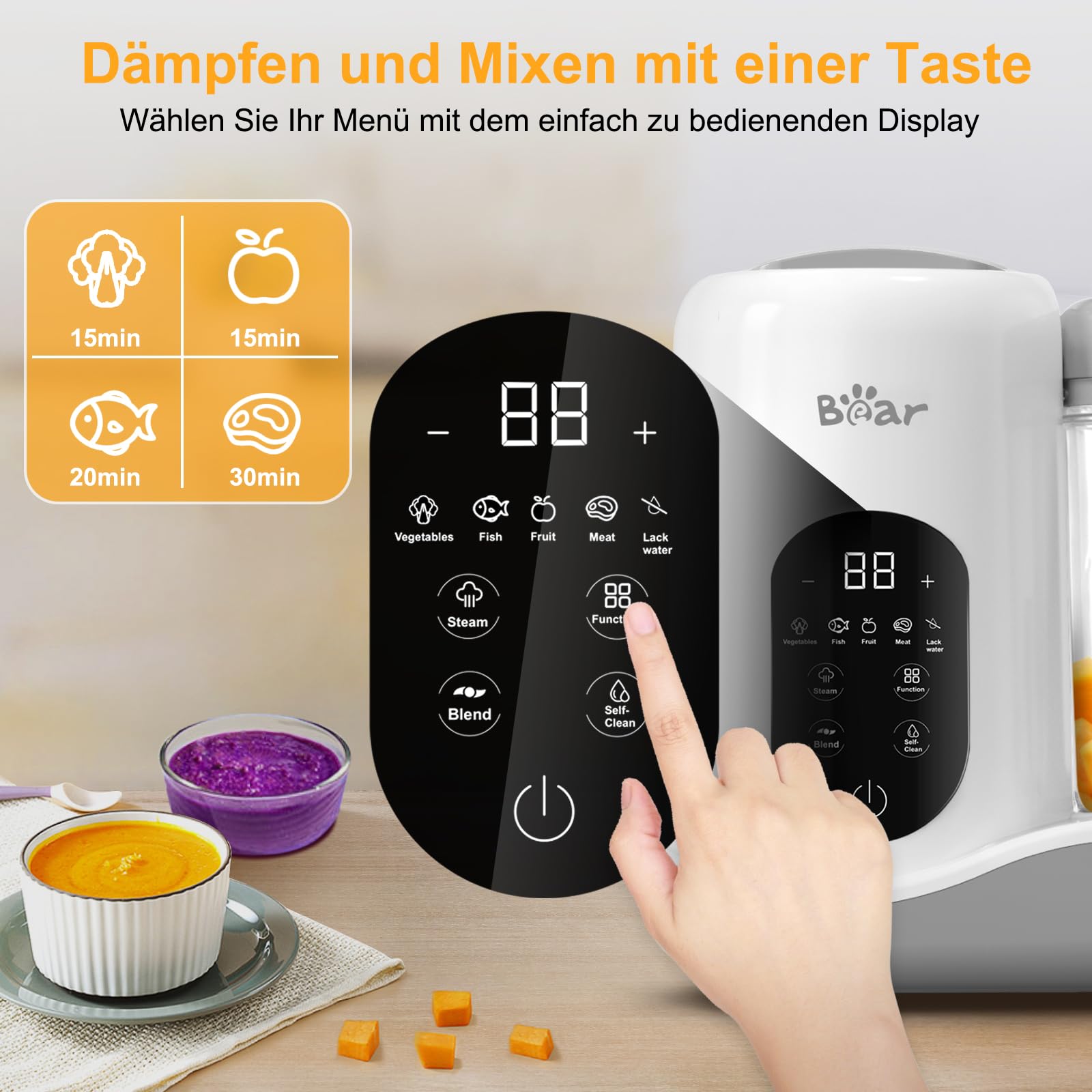 Bear Babynahrungszubereiter,Eine Stufe Baby Food Maker Dampfgarer Mixen,Automatisches Kochen & Zerkleinern,Babybrei Zubereiter mit Selbstreinigungsfunktion,Weiß
