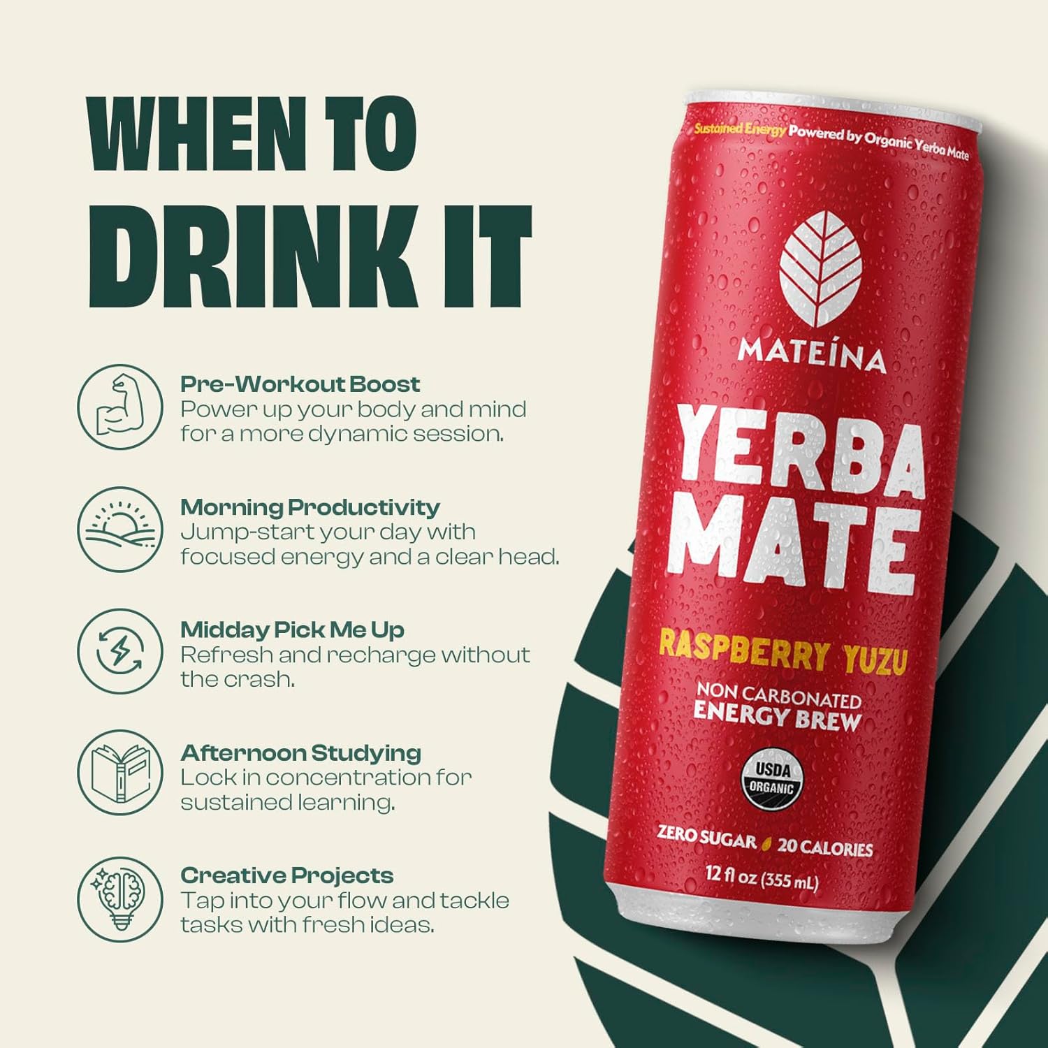 Mateina Yerba Mate Zero Sugar Energy Drink – 120mg Natural Caffeine – Organic, Non-GMO, Non-Carbonated – Dr. Andrew Huberman Recommended – (12 fl oz Cans, 12 Pack) Raspberry Yuzu