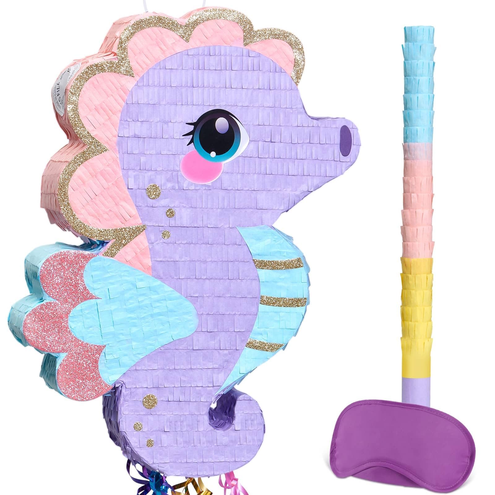 WERNNSAI Seahorse Pinata - Under the Sea Party Decorations Ocean Animal Pinata with Stick and Blindfold Mermaid Birthday Supplies Purple Seahorse Summer Pool Party Baby Shower Carnival decoration