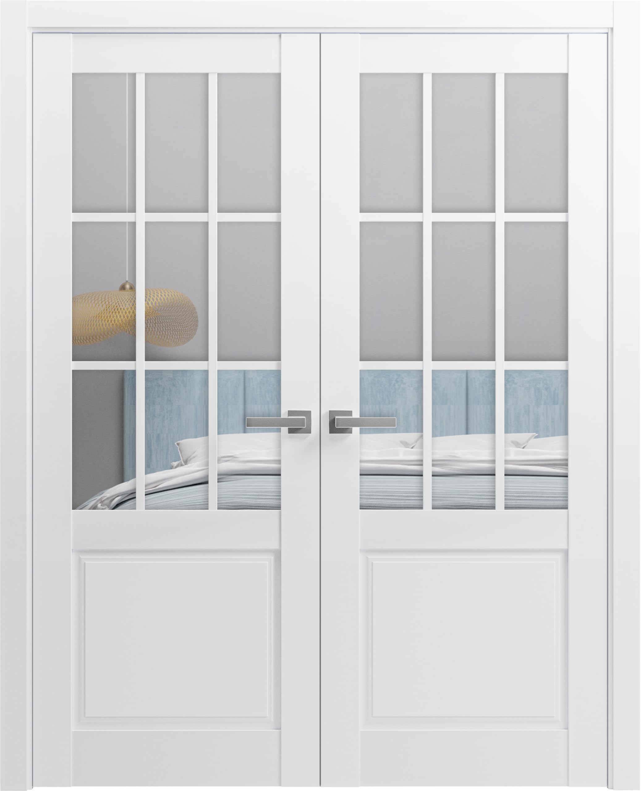 SARTODOORS Solid Interior French Double Doors 36 x 80 inches | Felicia 3599 White Silk with Clear Glass | Wood Solid Panel Frame Trims | Closet Bedroom Sturdy Doors