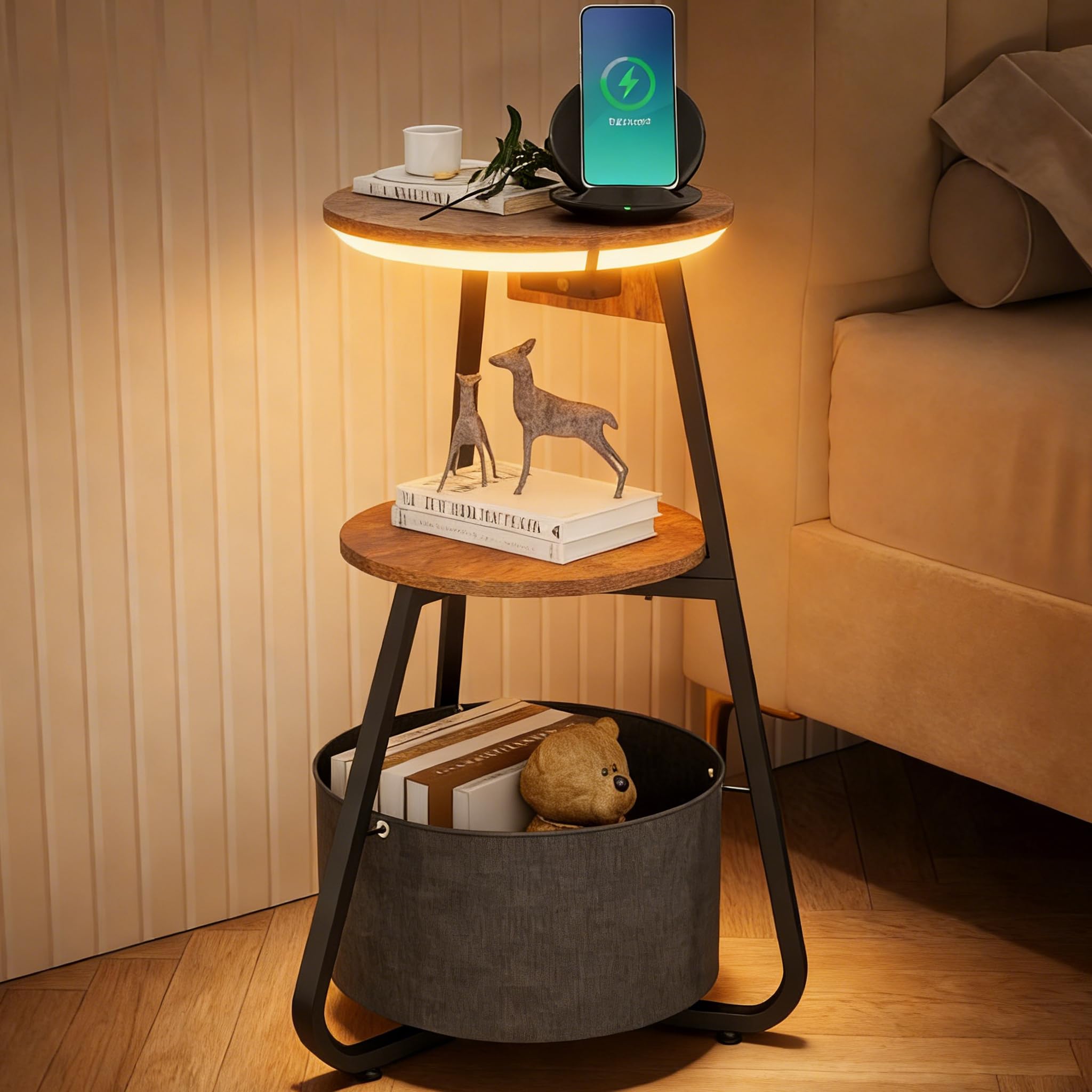 ARTETHYS Side Table with Charging Station, Small Round Coffee Table with 3 Colour LED Lights and Storage Basket, End Table with 3 Tier Shelves, Bedside Sofa Side Tables for Living Room Bedroom