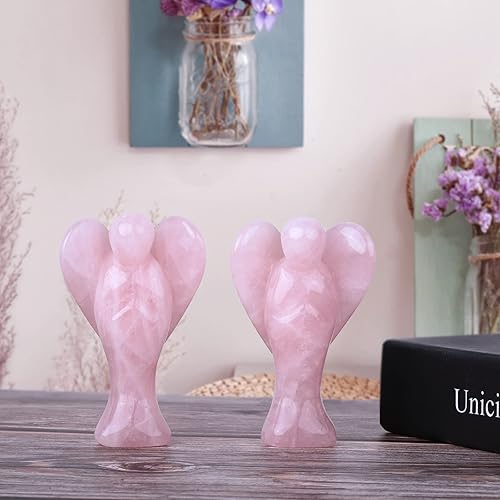 Miniatura 4 de mookaitedecor Estatua de ángel guardián de cristal de cuarzo rosa de 3 pulgadas, estatua de ángel tallada a mano con alas de corazón para