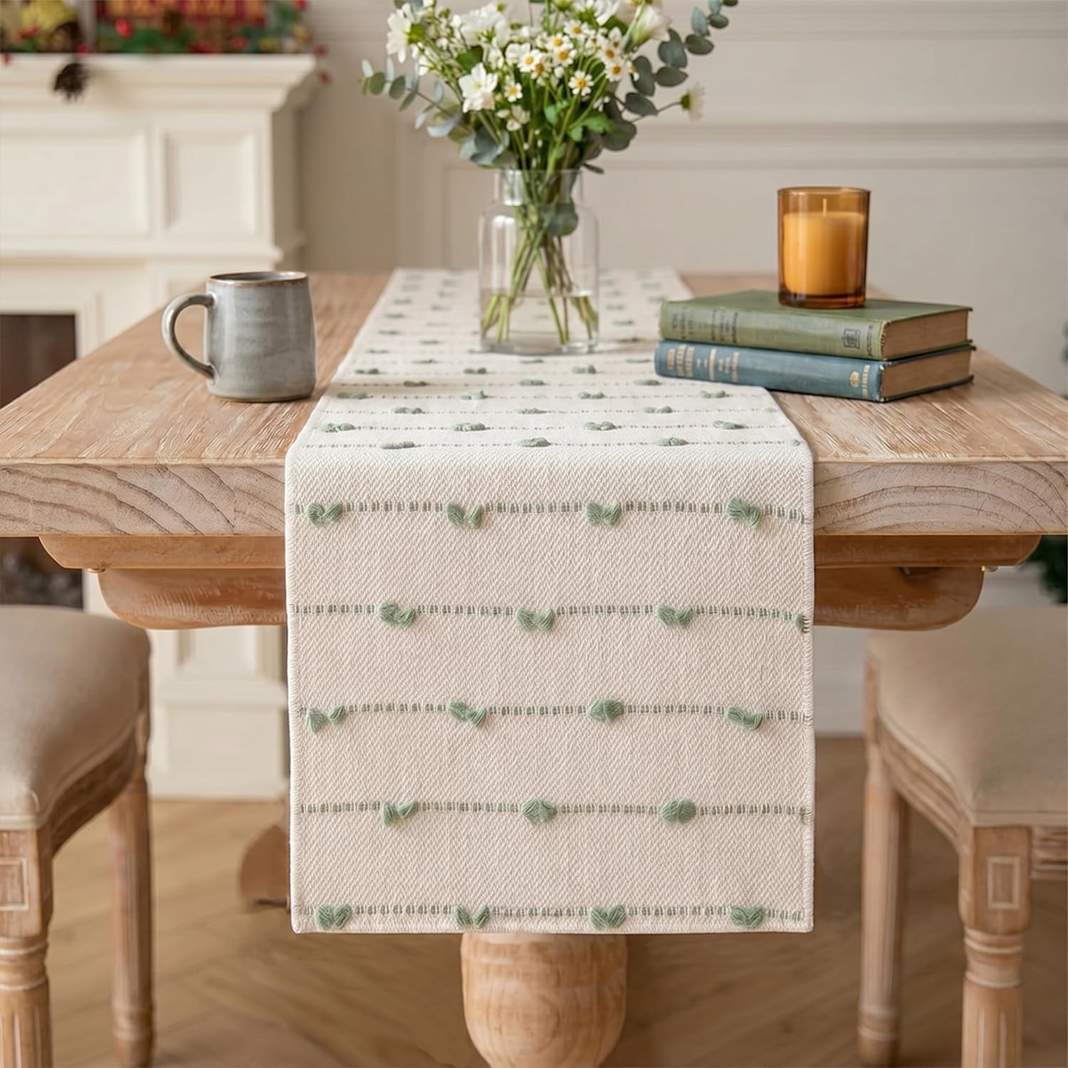 Artoid Mode Sage Green Boho Farmhouse Cotton Woven Table Runner, Seasonal Spring Summer Kitchen Dining Table Decoration for Home Party Decor 12x72 Inch