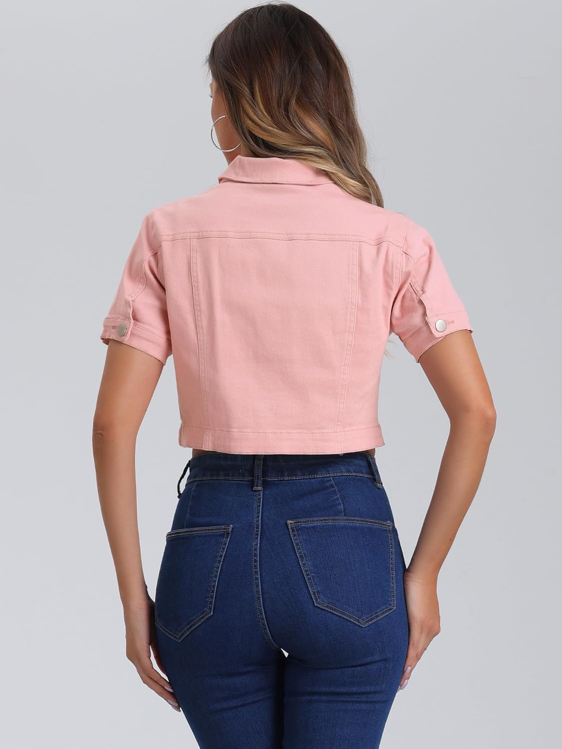 Allegra K Casual Denim Jacket for Women's Turndown Collar Short Sleeves Crop Jean Jackets - Image 2