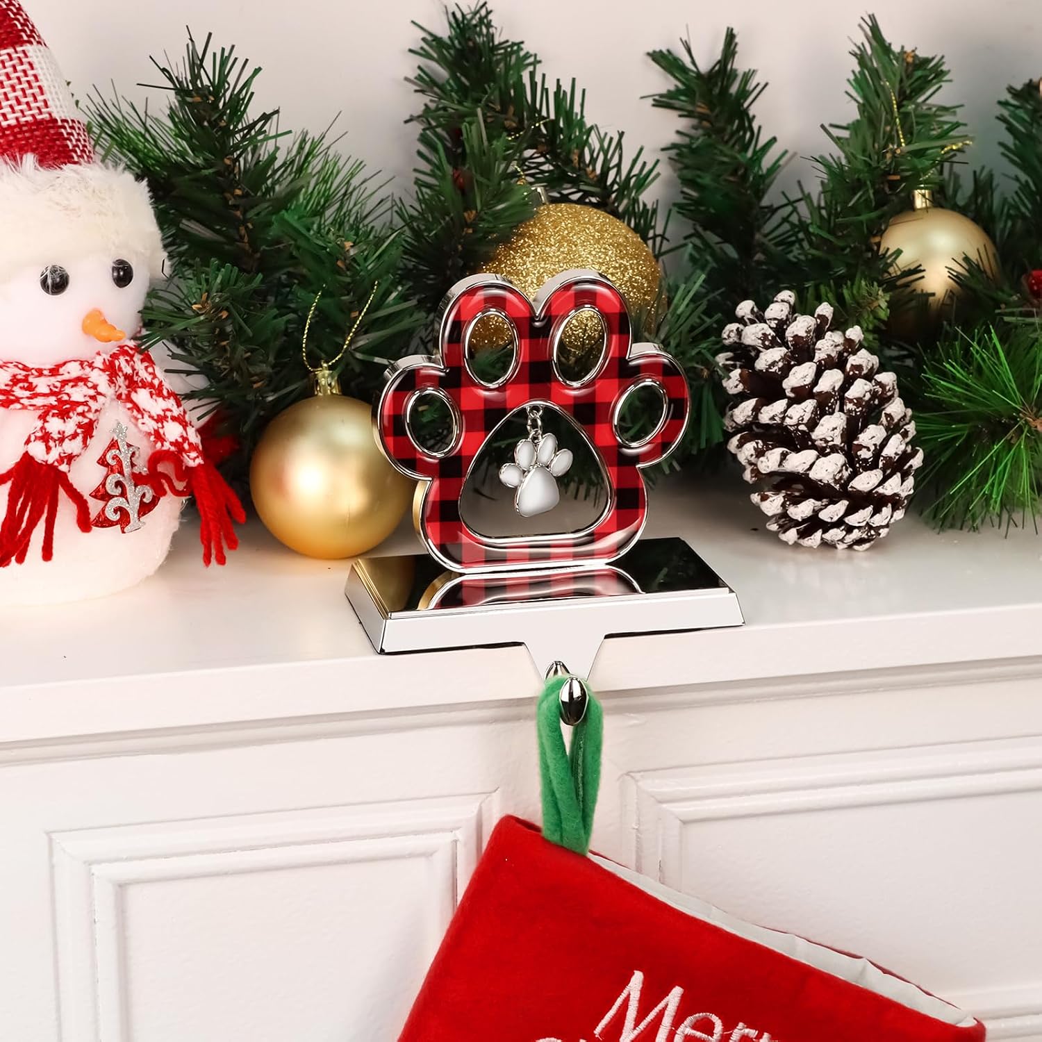 Hooqict Dog Paw Christmas Stocking Holder with Pendant for Mantel 3D Silver Metal Mantel Buffalo Plaid Stocking Holder Fireplace Decorations Christmas Stocking Hanger for Christmas Table Decor